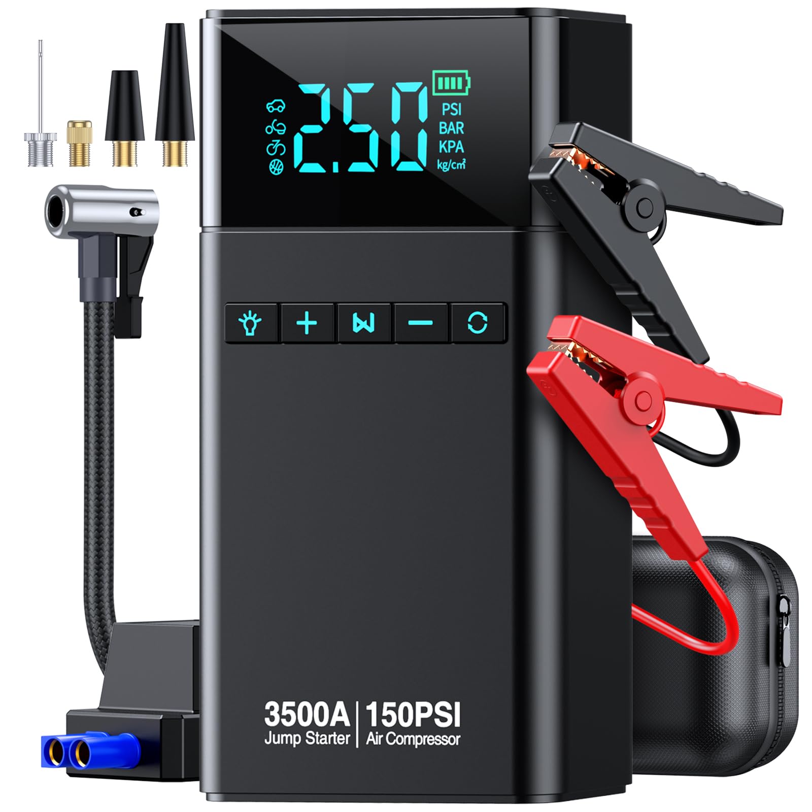 3500A 150PSI Car Battery Jump Starter with Air Compressor - Portable Power Pack for All Gas & 10L Diesel Vehicles - Emergency Jump Box with LCD Display & LED Light - Perfect for Roadside Emergencies & Camping Power Needs