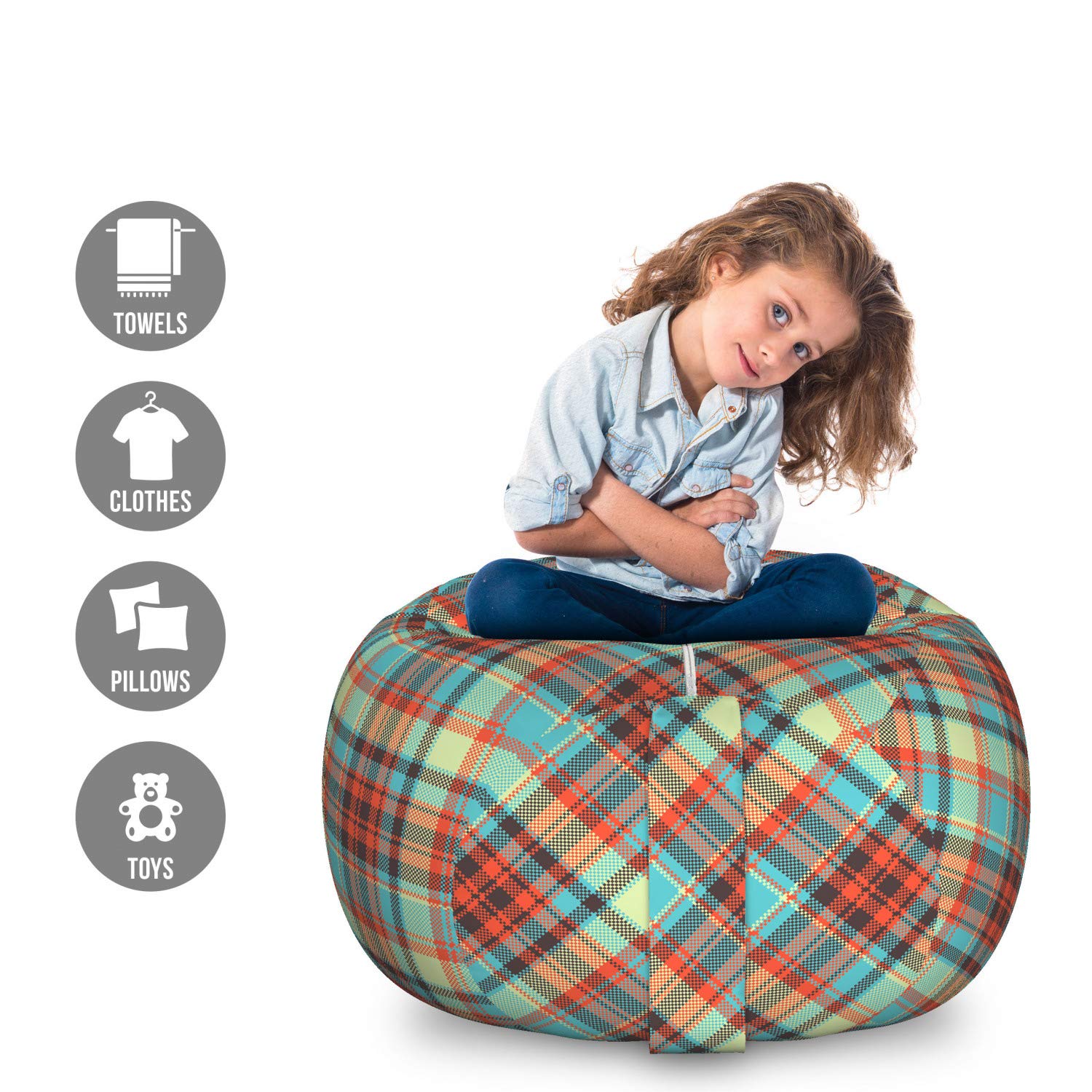 Ambesonne Plaid Toy Storage Bag Chair - Large Washable Organizer for Stuffed Animals | Kids Room Decor