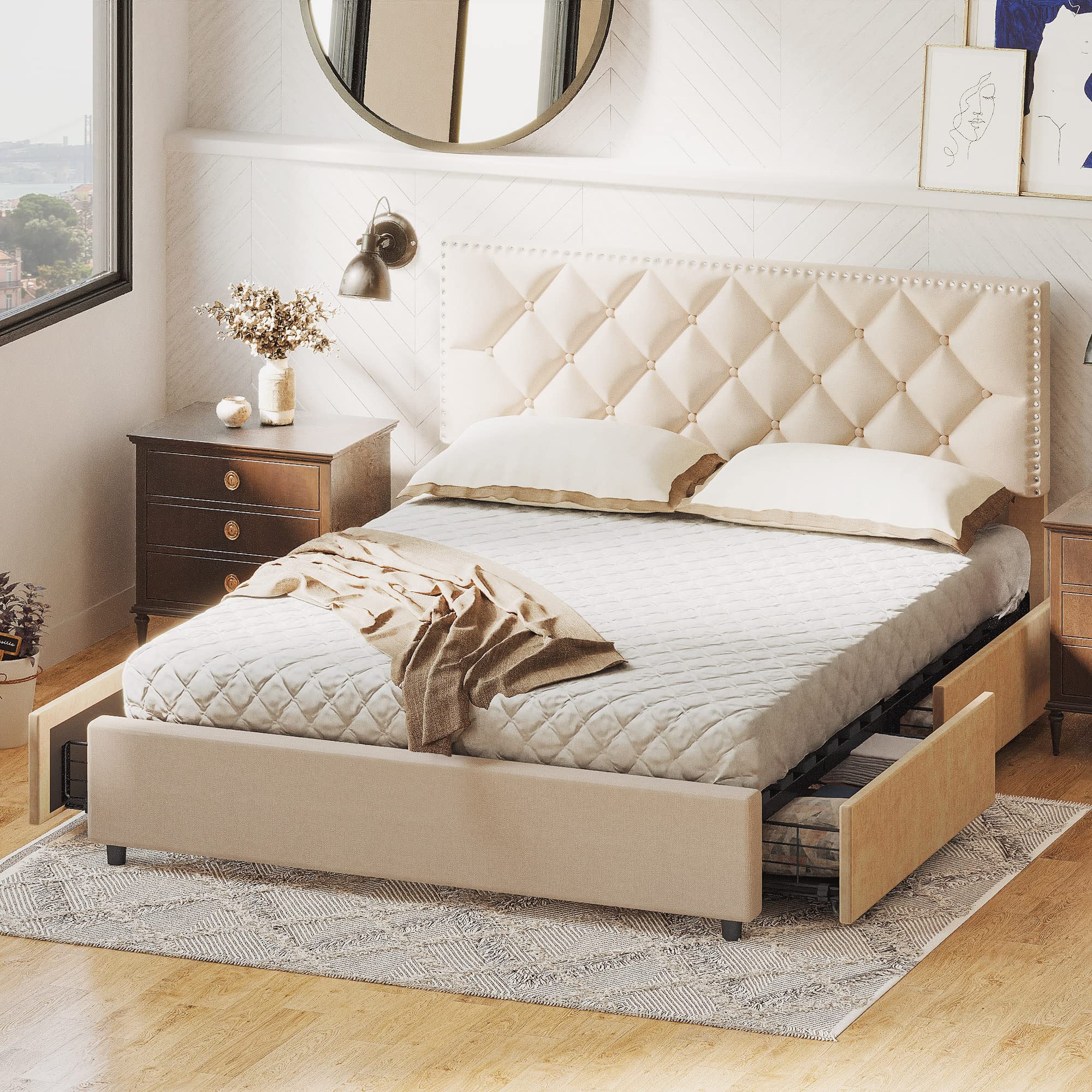 LIKIMIO Queen Size Bed Frame with 4 Storage Drawers - Velvet Upholstered Headboard with Button Tufting & Metal Rivets - Easy Assembly No Box Spring Required - Beige Bedroom Furniture for Small Spaces & Master Bedrooms