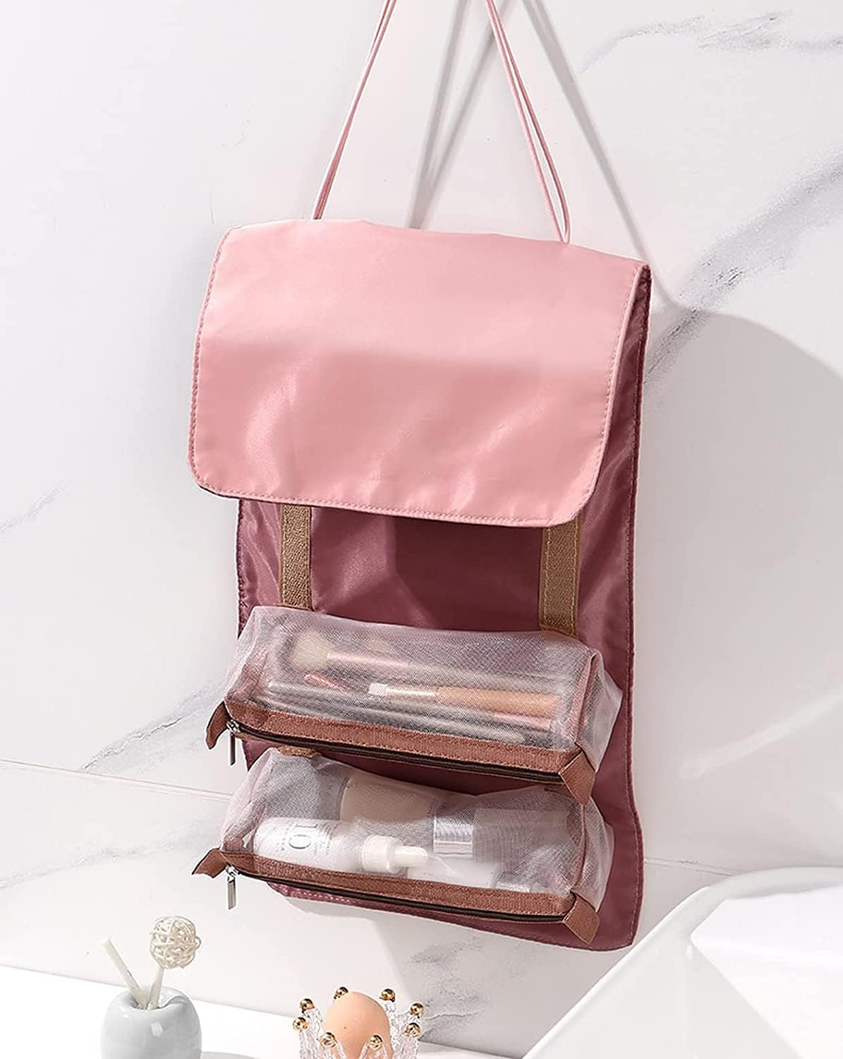 APURK Foldable Hanging Toiletry Bag for Travel - Waterproof Cosmetic Makeup Organizer with Multiple Pockets - Perfect for Bathroom, Gym, Camping & Vacation (Pack of 1)