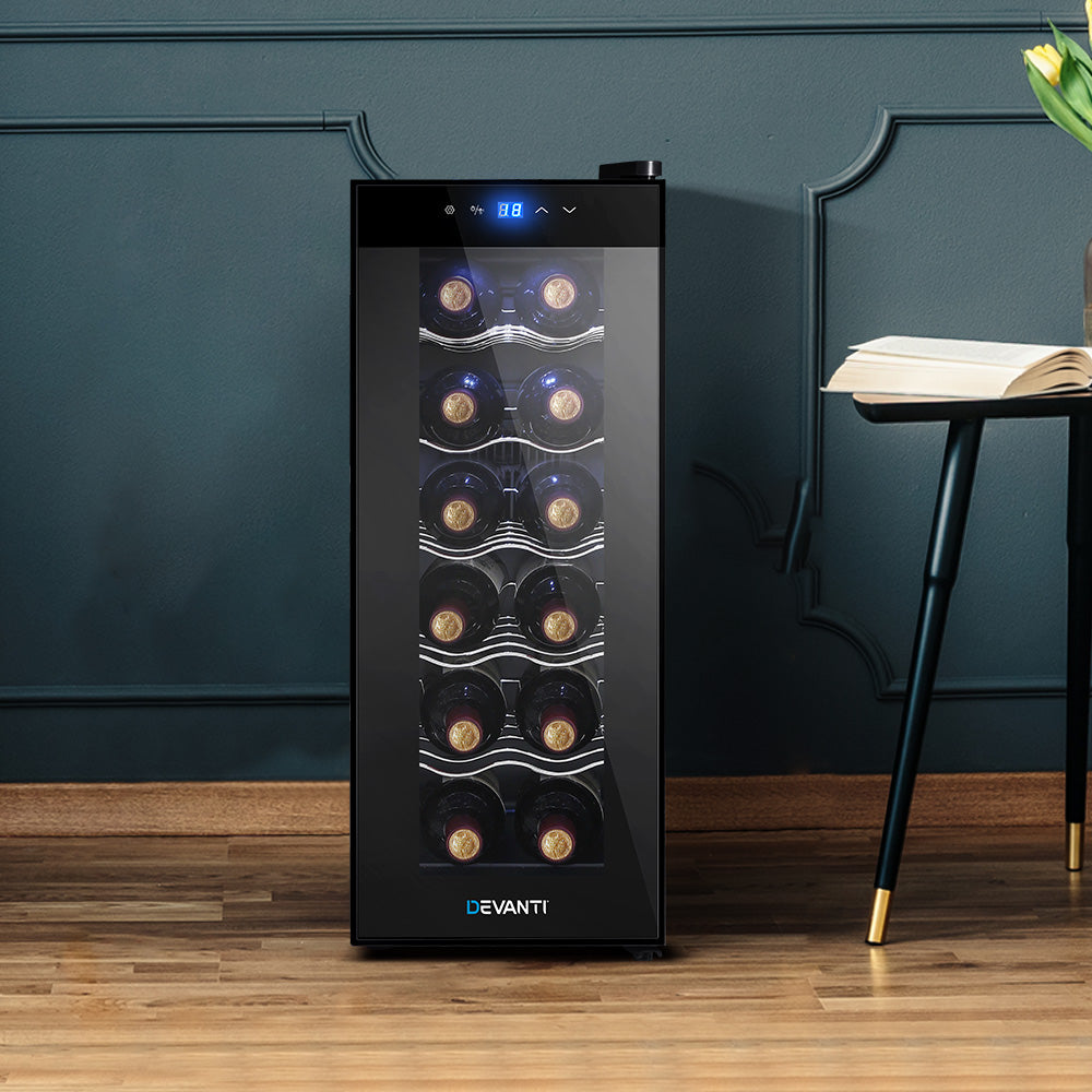 Devanti 12 Bottle Wine Cooler Refrigerator - Dual Zone Wine Fridge for Red & White Wine - Perfect for Home Bar, Kitchen, and Wine Cellar Storage