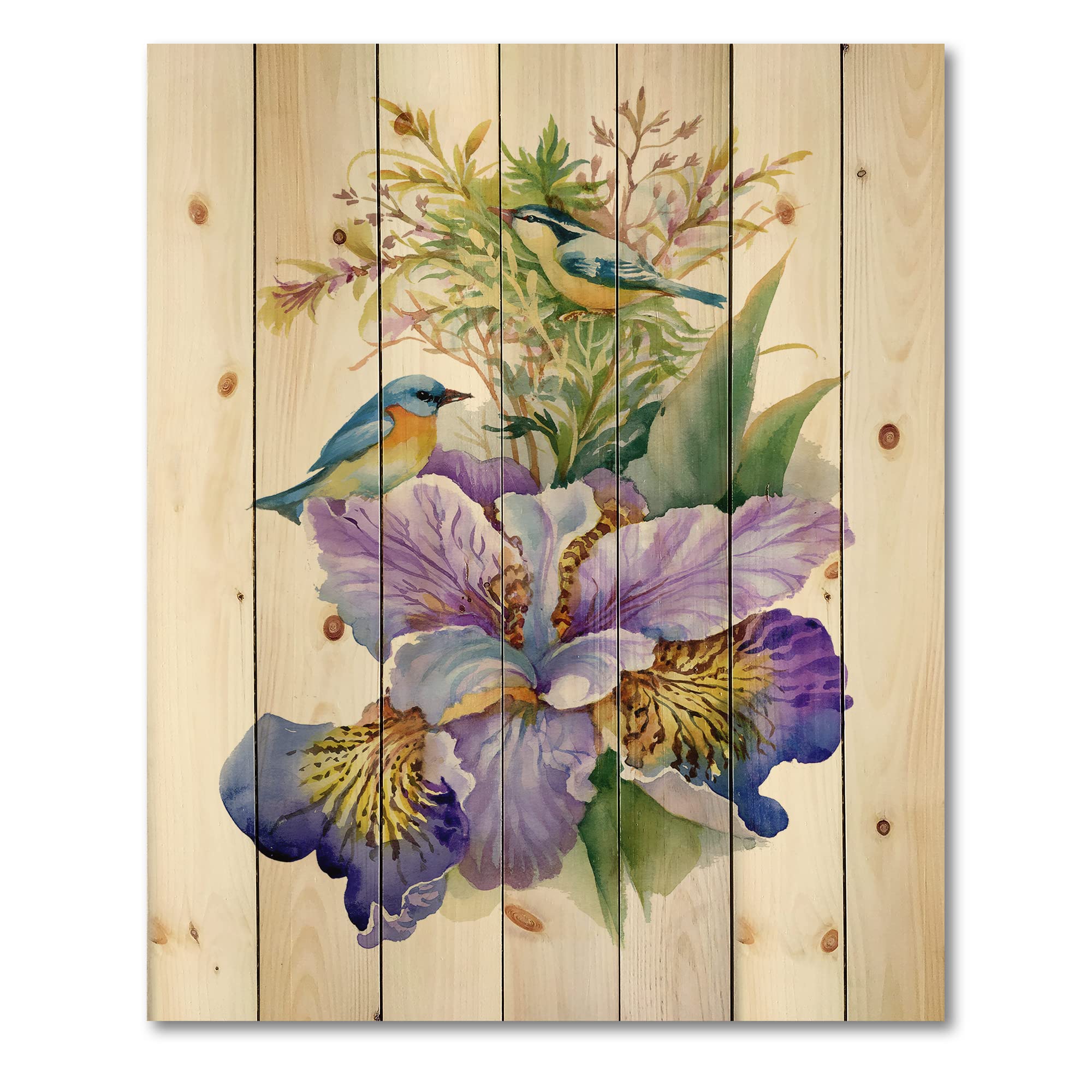 DesignQ Purple Iris with Birds Traditional Wood Wall Decor - Large Floral Wood Wall Art Panel Printed on Natural Pine - Perfect for Living Room, Bedroom & Office Decor