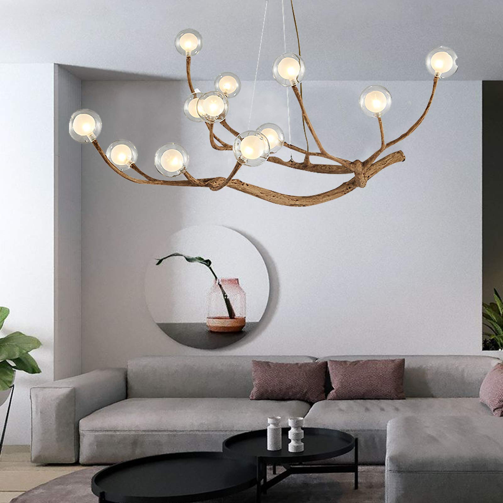Modern Wood Branch Chandelier - 12 Bulb Adjustable LED Hanging Light with Resin Tree Design & Industrial Glass Bubbles - Perfect for Bedroom, Living Room, Dining Room & Home Decor Lighting