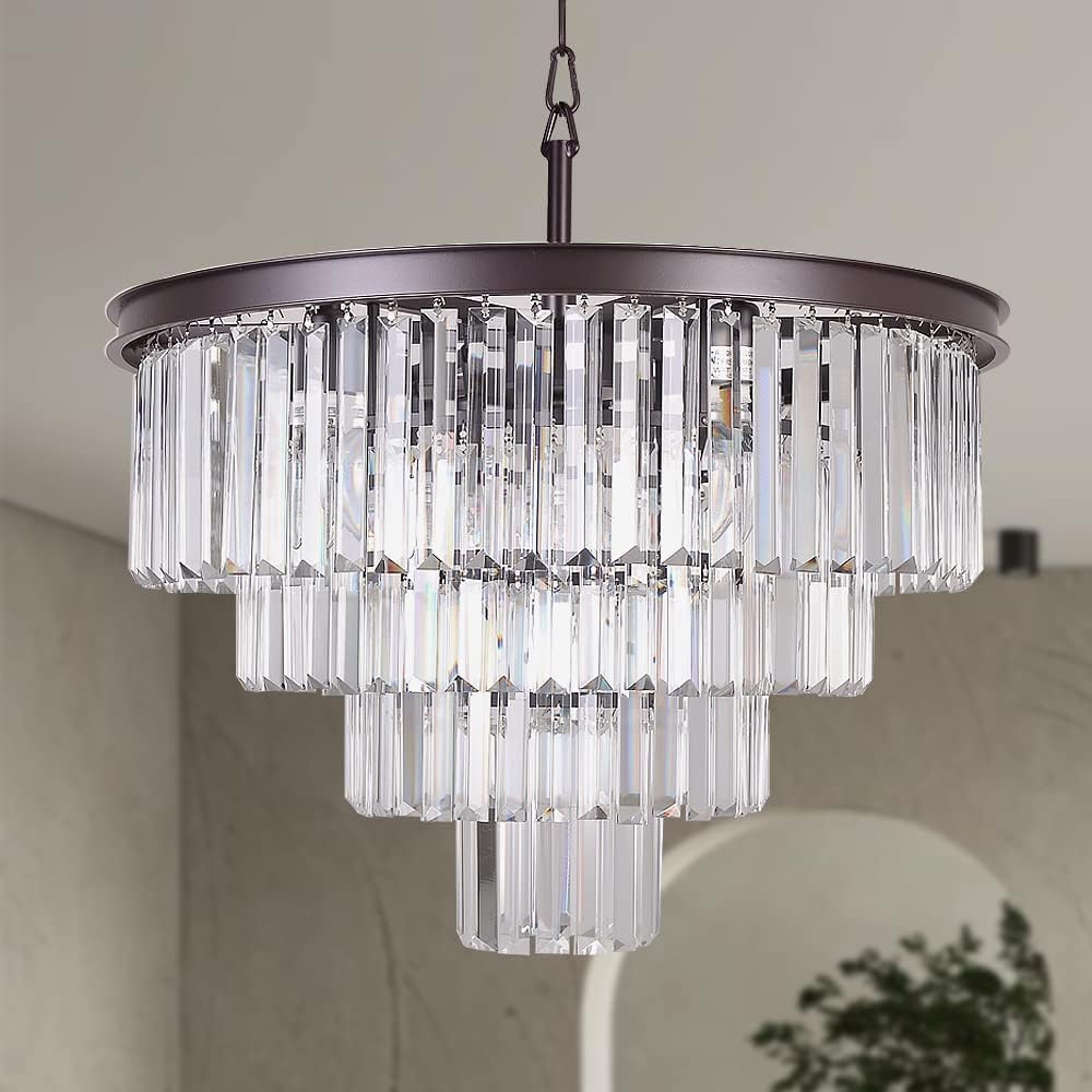 Oil Rubbed Bronze Crystal Modern Chandelier - 4-Tier Pendant Ceiling Light Fixture 23.6