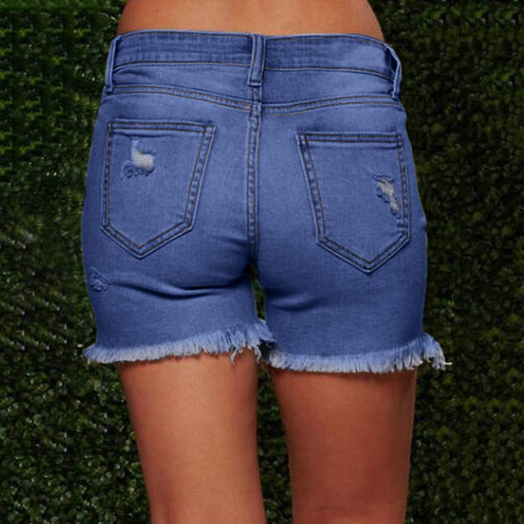 hlysgo Women's Mid Rise Ripped Stretchy Denim Shorts with Frayed Raw Hem - 2024 Summer Casual Jeans Shorts for Beach, Travel, and Everyday Wear