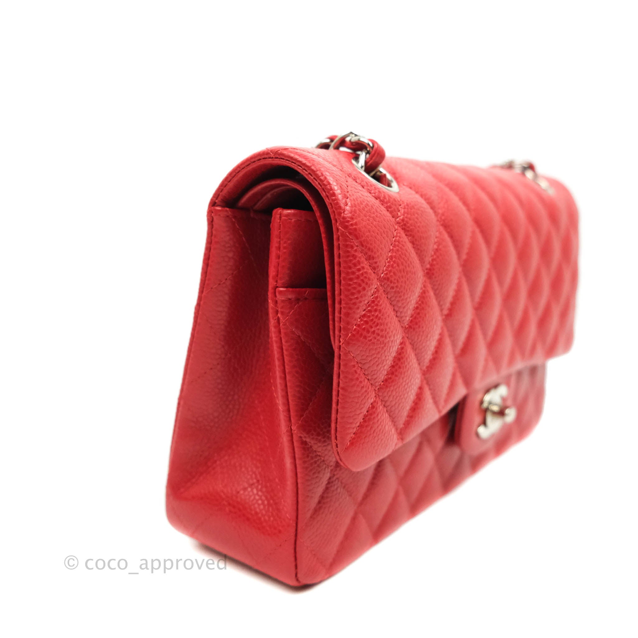 Chanel Classic Medium Double Flap Bag in Red Caviar Leather with Silver Hardware - Perfect for Work, Evening Events & Luxury Gift Giving