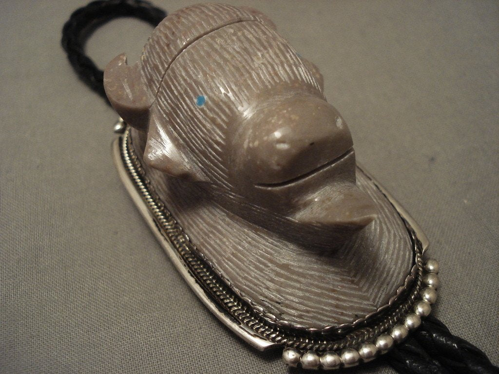 Vintage Navajo Hand Carved Buffalo Snake Eye Turquoise Silver Bolo Tie - 123g Authentic Native American Jewelry for Men, Western Style Accessory for Cowboy, Rodeo, and Country Fashion