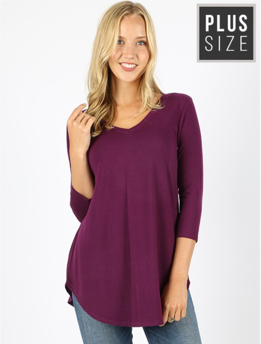 Plus Size 3/4 Sleeve V Neck Scoop Front & Back Flowy Blouse - Comfortable Women's Tops for Work, Casual Outfits & Special Occasions
