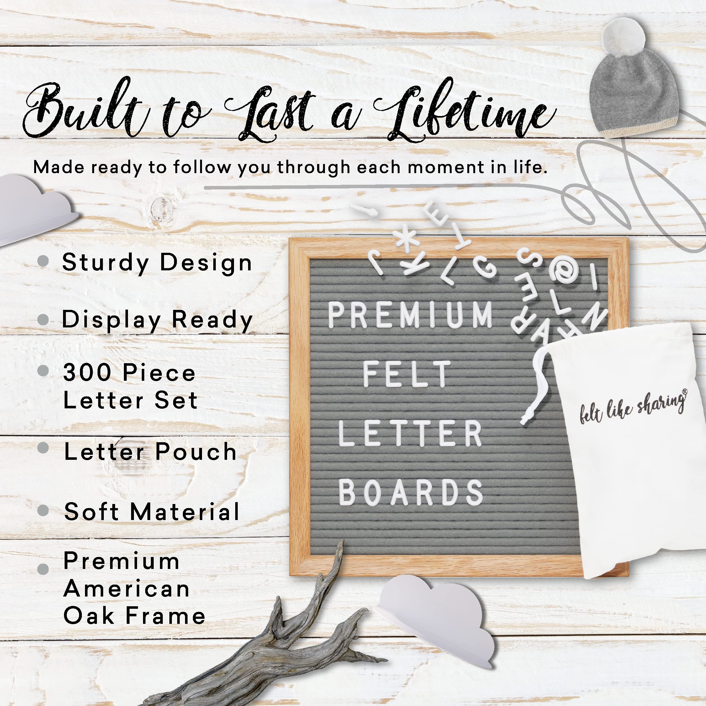 10x10 Inch Felt Letter Board with 300 Changeable Letters - Oak Frame Wooden Message Board for Baby Announcements, Milestones & Office Decor | Perfect for Home, Nursery, Wedding, Classroom & Party Decorations (Gray)