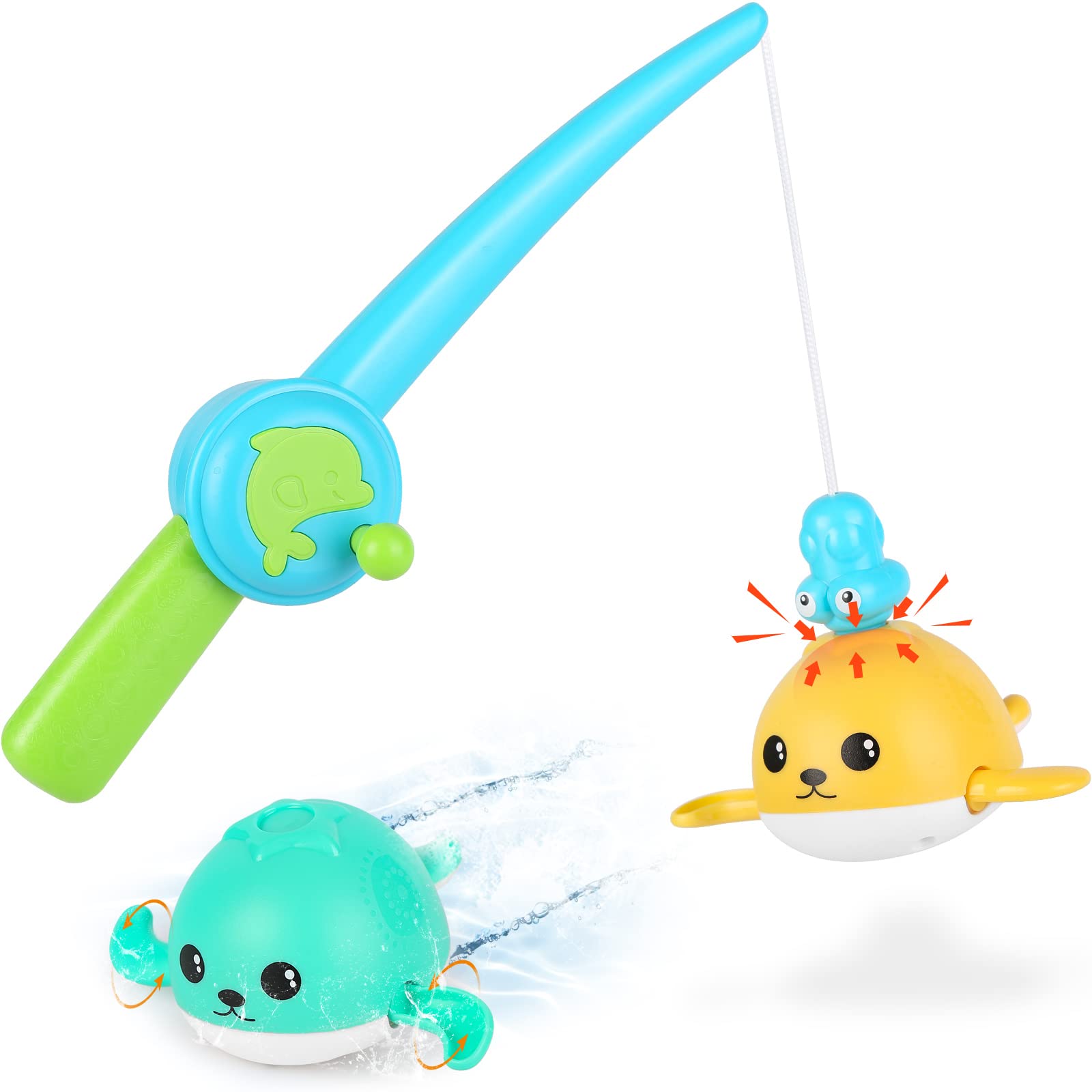KINDIARY Magnetic Fishing Game for Kids - Baby Bath Toys with Wind-Up Swimming Whales, Fun Educational Pool Toys for Toddlers (Blue/Yellow) - Perfect for Bath Time, Pool Parties & Early Learning Activities