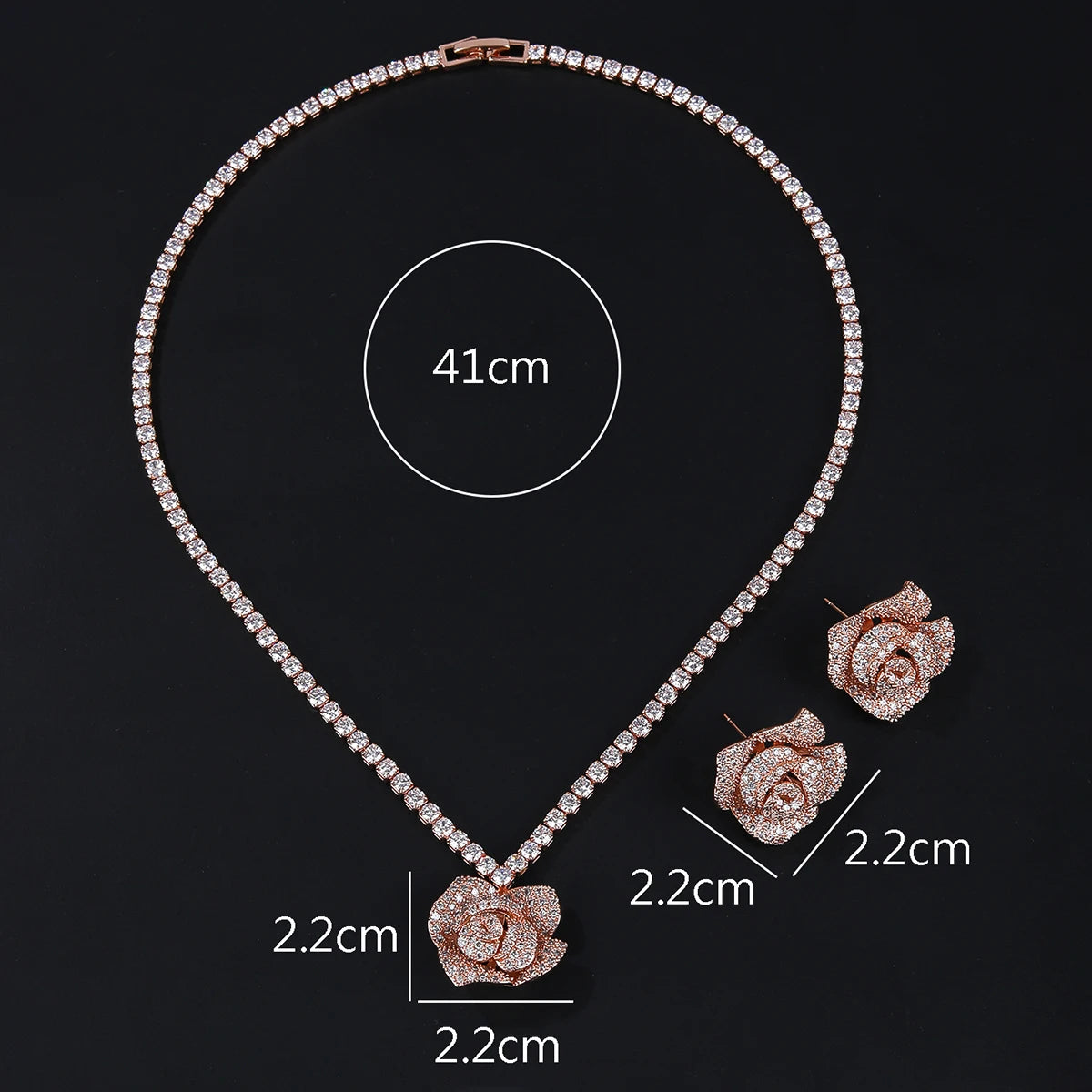 Elegant CZ Cubic Zirconia Rose Flower Pendant Necklace & Earrings Set - Bridal Wedding Jewelry for Women - Perfect Gift for Anniversary, Valentine's Day & Special Occasions