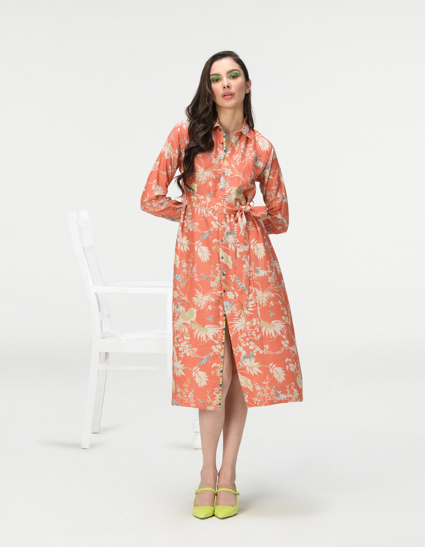 Elegant Tie Belt Shirt Dress - Muga Satin Coral Wrap Dress for Women | Perfect for Office, Date Night & Summer Outfits