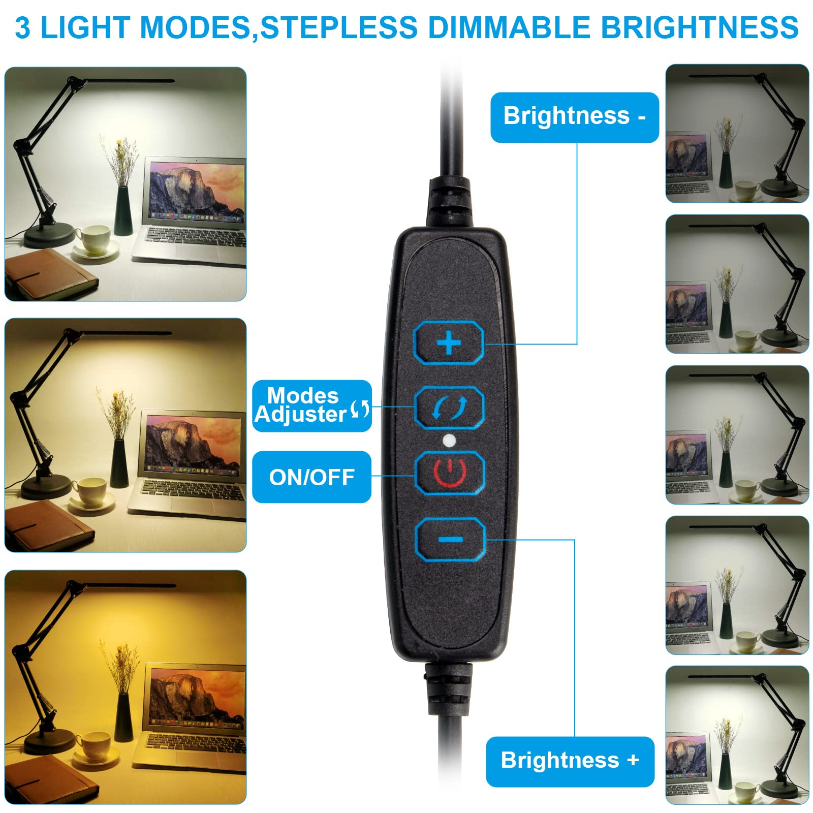 LED Desk Lamp with USB Port - Adjustable Swing Arm, 3 Color Modes & 9 Brightness Levels, Eye-Caring Dimmable Reading Light for Home Office, Study, and Workstation