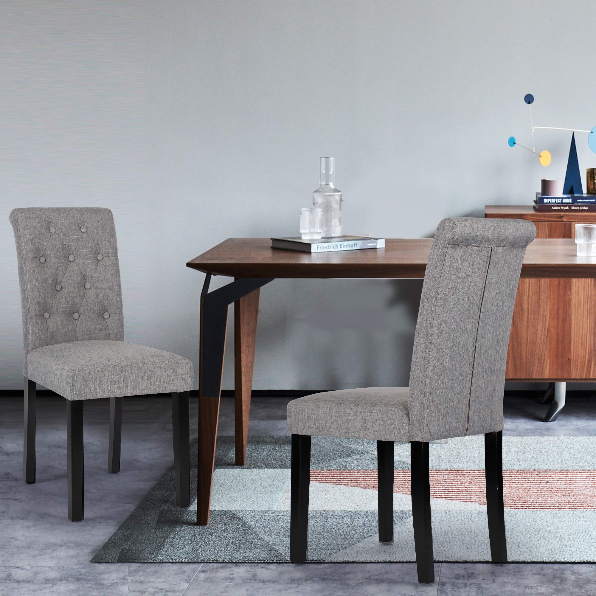 DAGONHIL 4-Piece Dining Chair Set - Button Tufted Upholstered Kitchen Chairs with Solid Black Wood Legs, Gray - Perfect for Dining Room, Breakfast Nook, and Small Space Decor