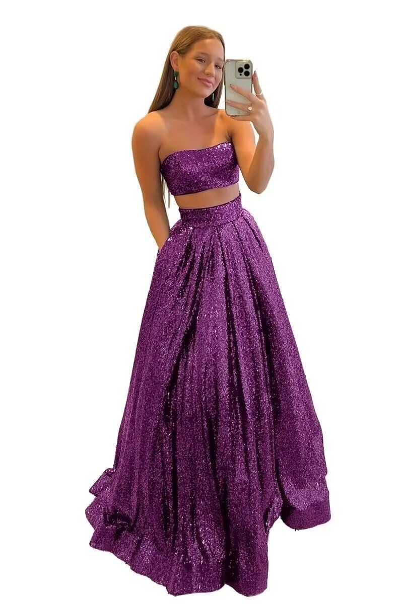 Elegant Women's Two-Piece Long Sequin Prom Dress - A-Line Satin Formal Evening Gown for Wedding, Party & Special Occasions | Perfect for Homecoming, Quinceañera & Black Tie Events