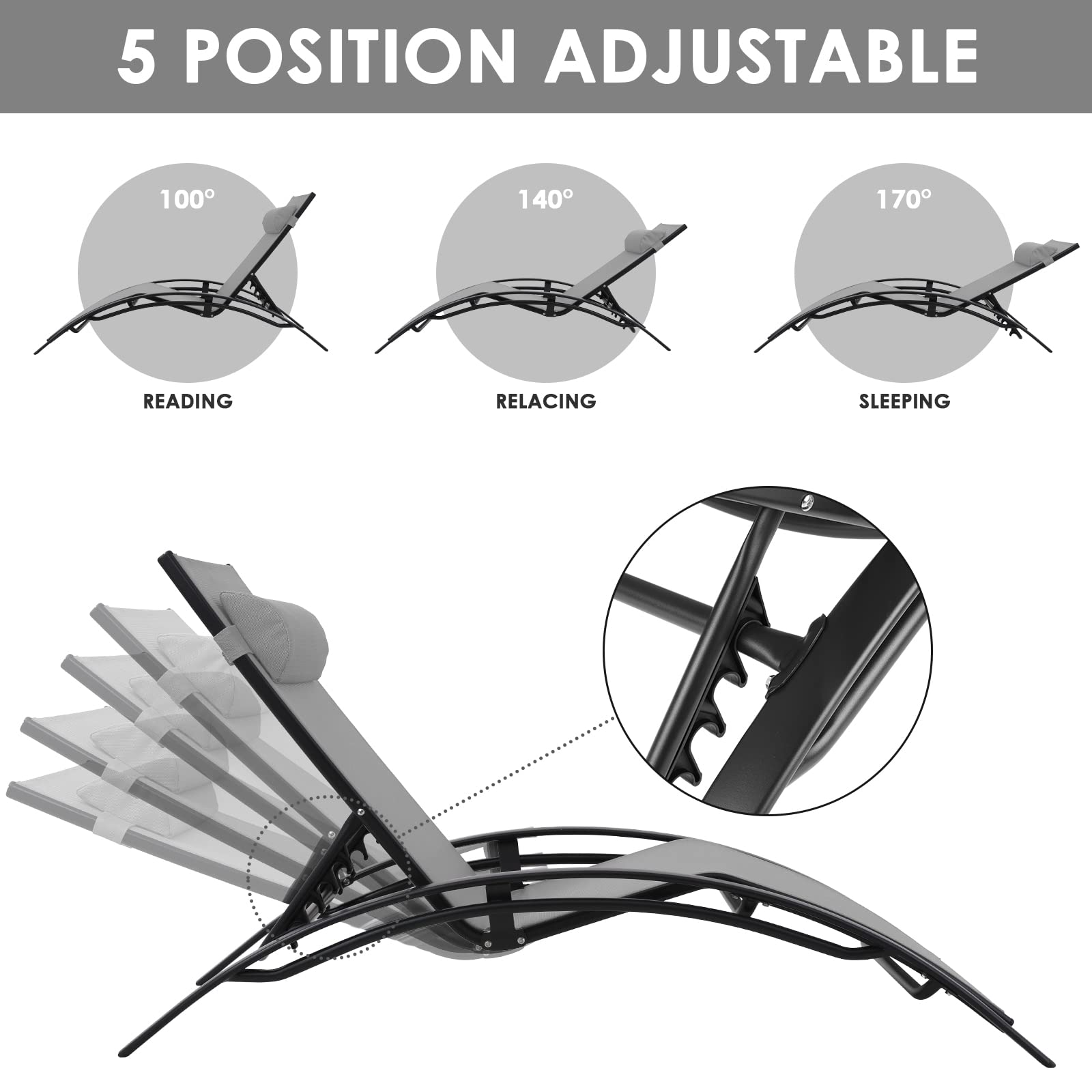 **AthLike 3-Piece Pool Chair Set with Headrest – 5-Level Adjustable Patio Chaise Lounge for Sunbathing & Tanning – Includes Side Table for Outdoor, Beach, Poolside (Grey) – Perfect for Relaxing by the Pool or Beach**