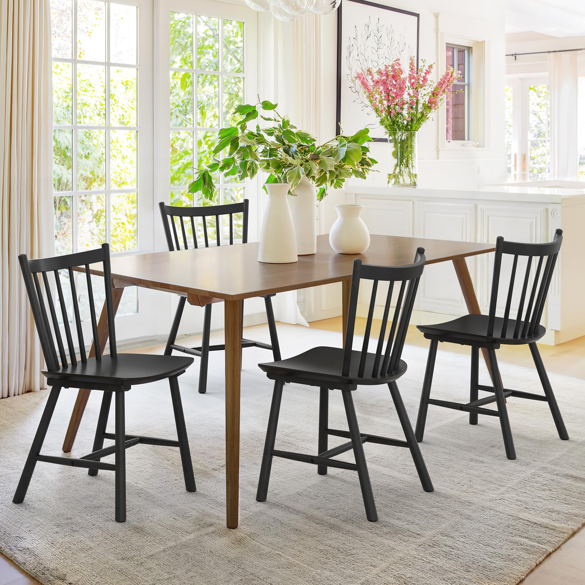 Upgraded LUE BONA Dining Chairs Set of 4 - Farmhouse Style Wooden Spindle Back Kitchen Chairs - Windsor Dining Room Chairs in Black - Perfect for Kitchen, Dining Room, and Farmhouse Decor