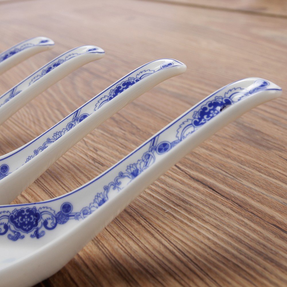 Porlien 4-Piece Blue Floral Porcelain Chinese Knot Soup Spoon Set - 5 Inch Elegant Asian Dining Utensils for Soup, Dessert & Tea Ceremonies