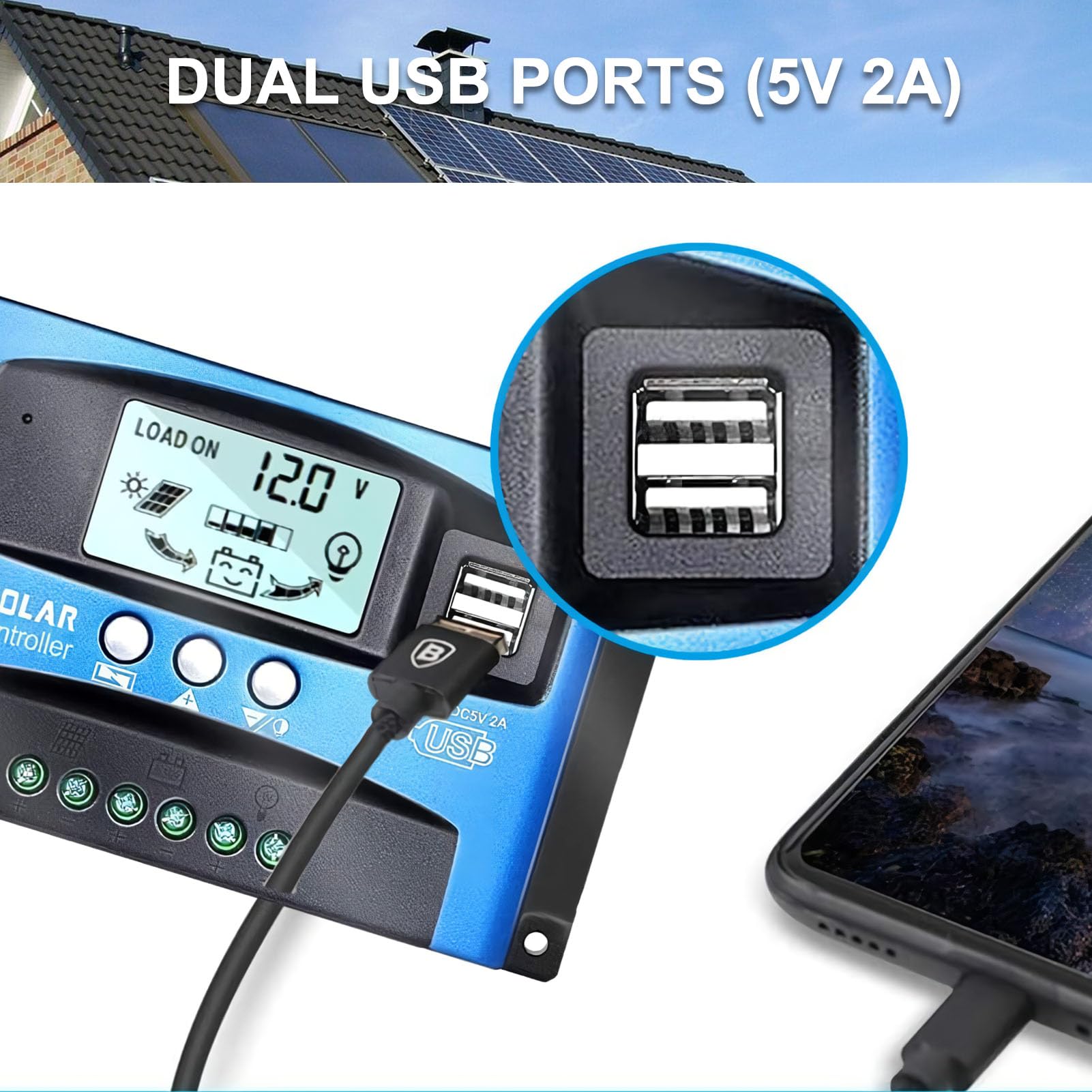 100A MPPT Solar Charge Controller for 12V/24V Batteries - Dual USB Ports, LCD Display, Intelligent Regulator for Solar Panels | Perfect for RV, Marine, Off-Grid & Home Solar Systems