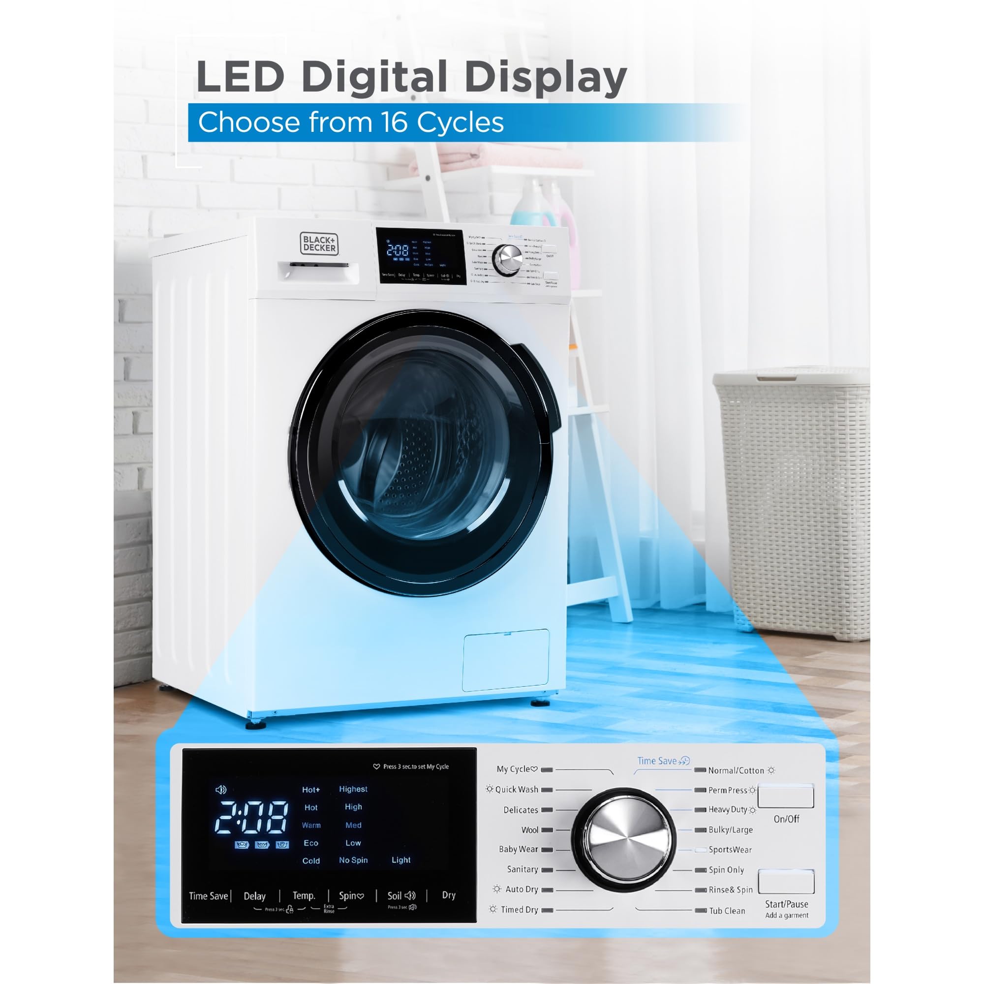BLACK+DECKER 2.7 Cu. Ft All-in-One Washer Dryer Combo with LED Display & 16 Wash Cycles - Compact Laundry Solution for Apartments, RVs & Small Spaces