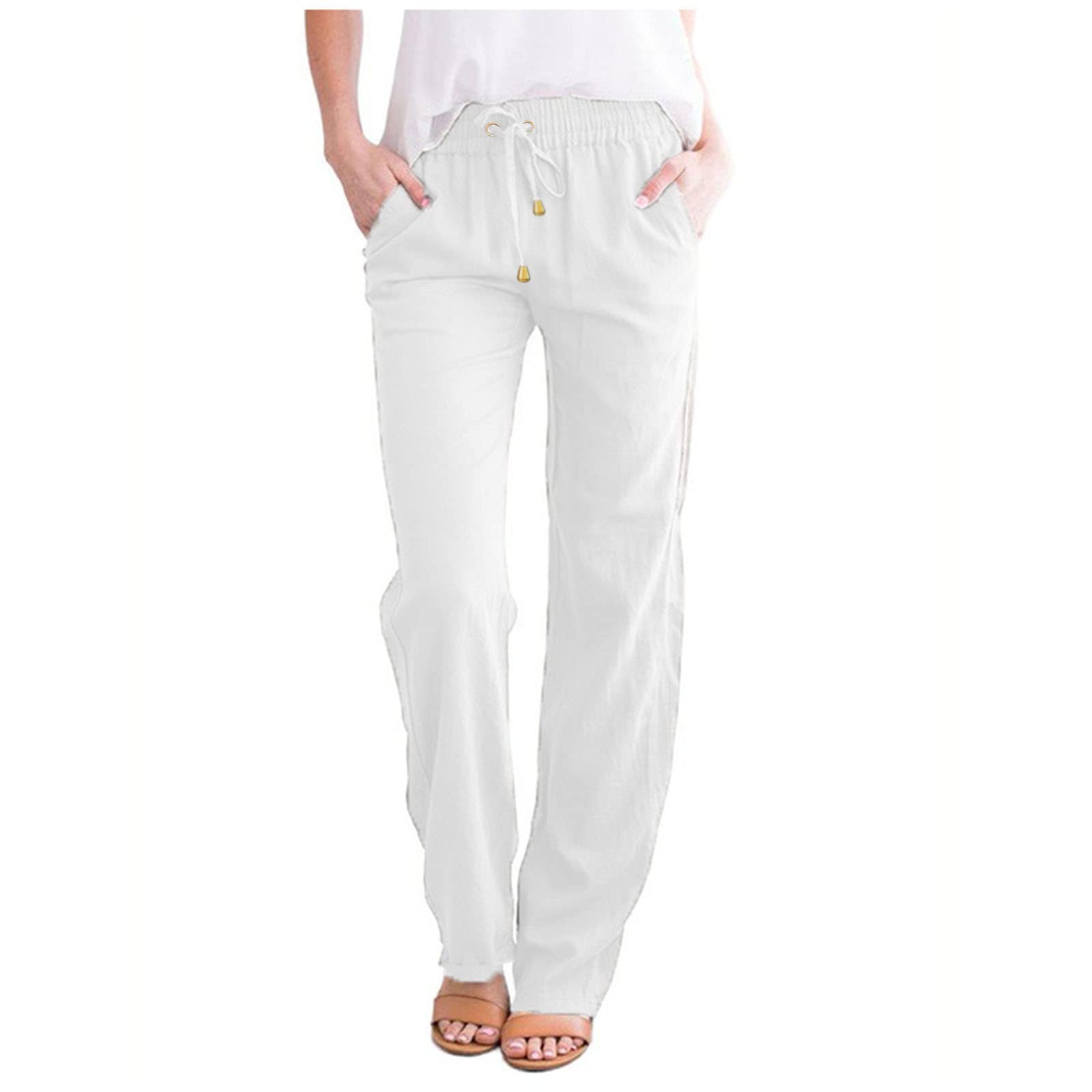 Women's Casual Linen Pants - Boho Summer Drawstring Elastic Waist Trousers for Lounge, Vacation & Beach Outfits | Comfortable Lightweight Travel Pants for Women