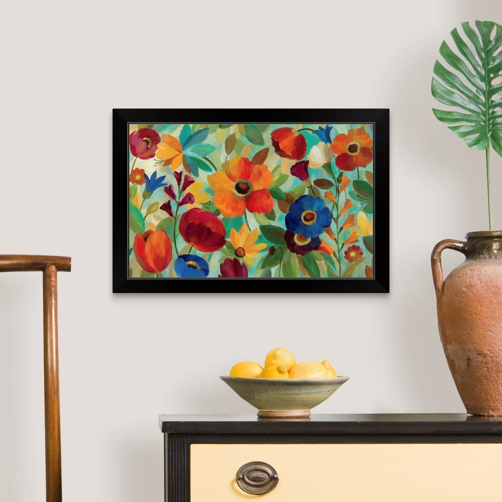 Summer Floral V Black Framed Art Print - Modern Botanical Wall Decor for Living Room, Bedroom & Office - Perfect for Home Decor & Gift Giving