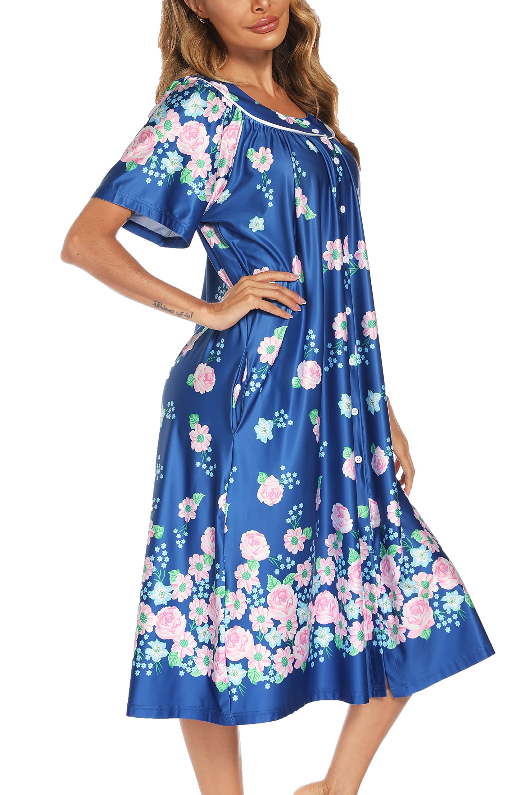 YOZLY Women's Short Sleeve House Dress - Comfortable Mumu Duster Robe with Pockets for Lounge & Home Wear | Perfect for Relaxing, Maternity, Nursing & Housework