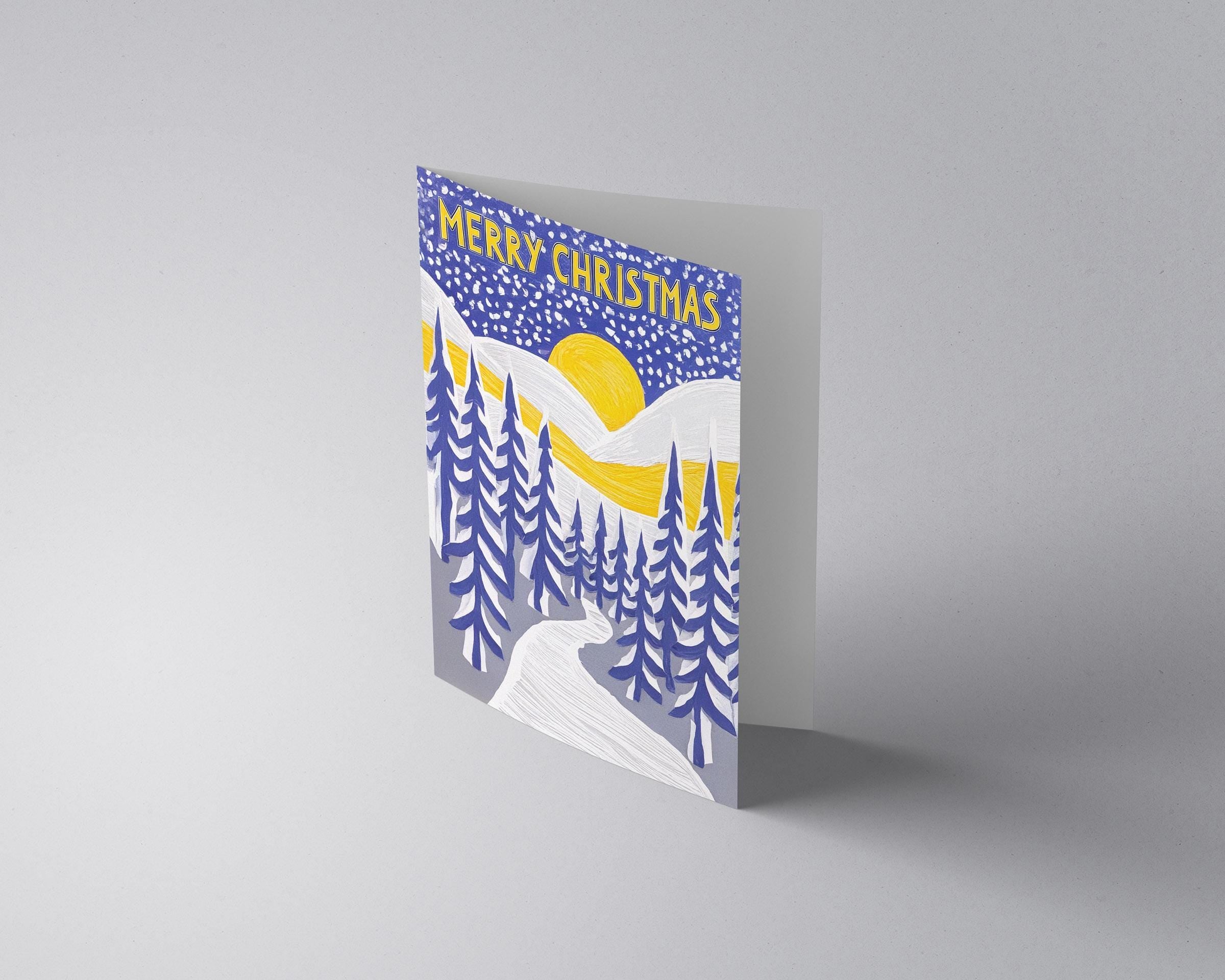 Stylized Christmas Landscape Holiday Card - Contemporary Mountain and Forest Scene Design for Festive Greetings & Winter Decor