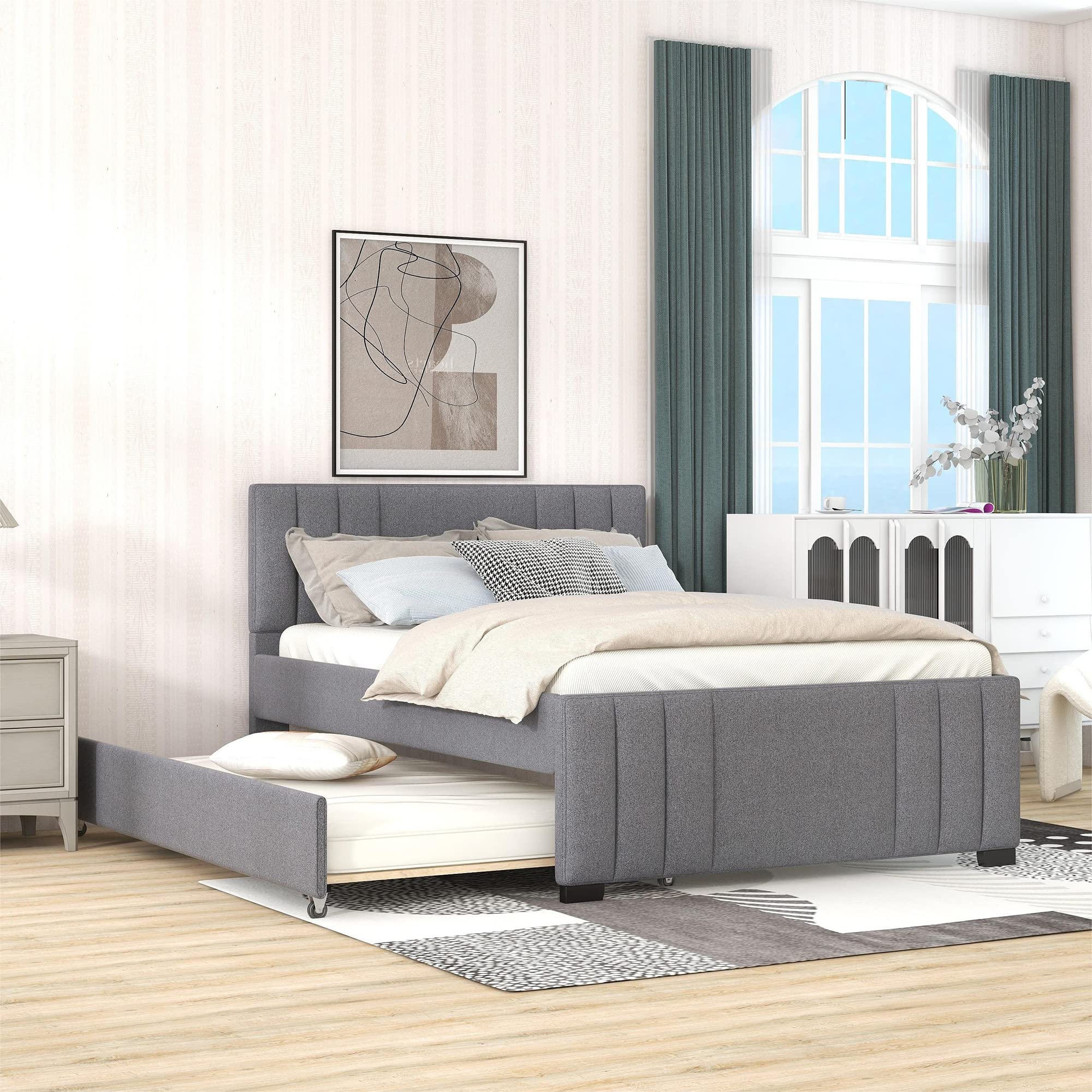 Merax Full Upholstered Platform Bed Frame with Storage Trundle & Headboard - No Box Spring Required, Grey - Perfect for Small Bedrooms, Guest Rooms & Space-Saving Solutions
