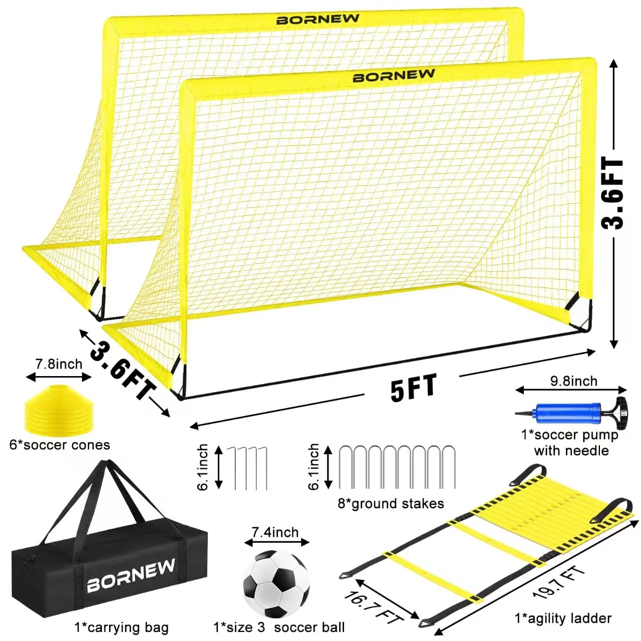 Kids Soccer Goal Set for Backyard - 2 Pack Portable Soccer Nets (7X5ft & 5X3.6ft) with Agility Ladder, Soccer Ball & Carry Bag | Perfect for Youth Training, Backyard Games & Outdoor Sports Activities