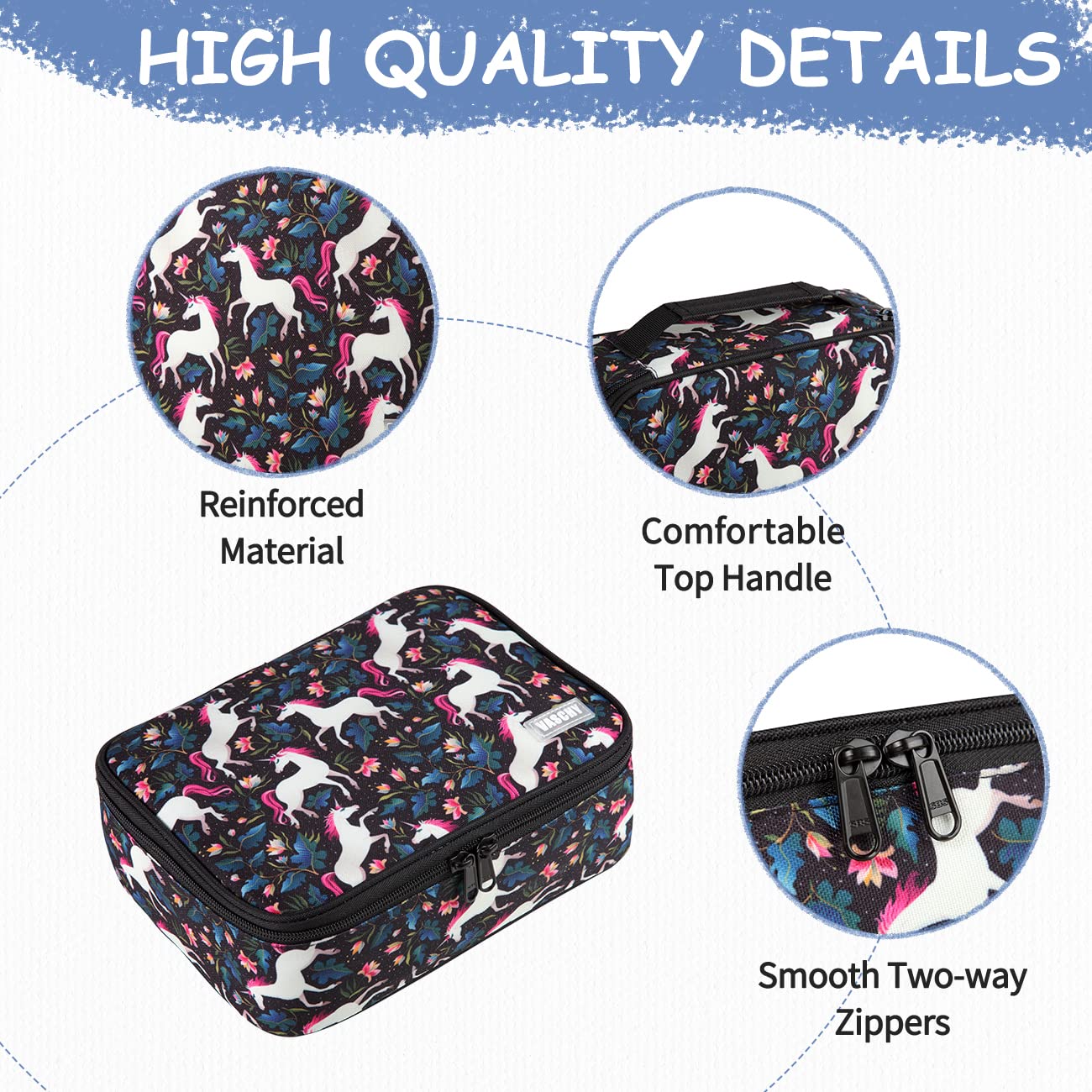 VASCHY Large Pencil Case with Detachable Pockets - for Art Supplies & School Stationery Organization - Black Unicorn Design