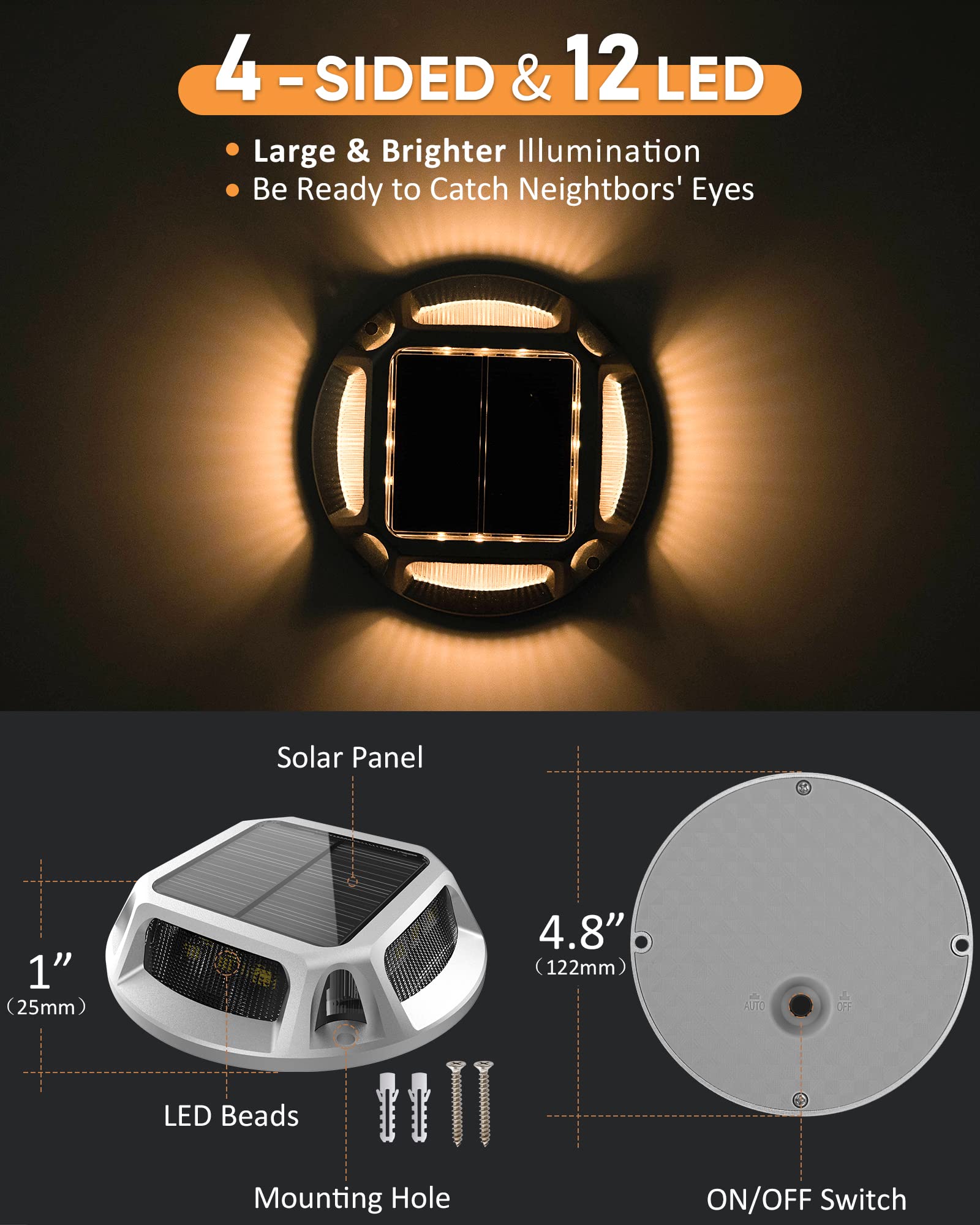 JACKYLED 8-Pack Solar Deck Lights Outdoor Waterproof - 12 LED Marine Grade Solar Pathway Lights with Dusk to Dawn Sensor - Warm White Solar Powered Garden Lights for Backyard, Sidewalk, Patio, Dock & Walkway Lighting