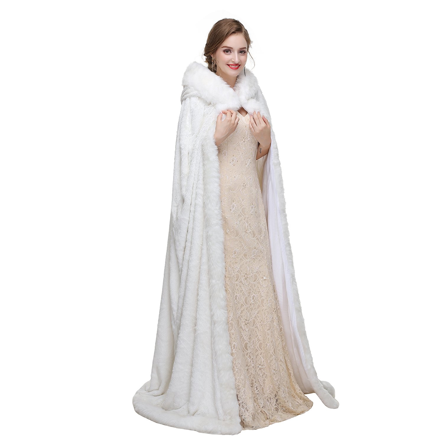 Elegant White Hooded Bridal Cape - Winter Wedding Cloak for Women, Medium Size, Warm Fleece Lining - Perfect for Outdoor Ceremonies, Photoshoots & Cold Weather Receptions