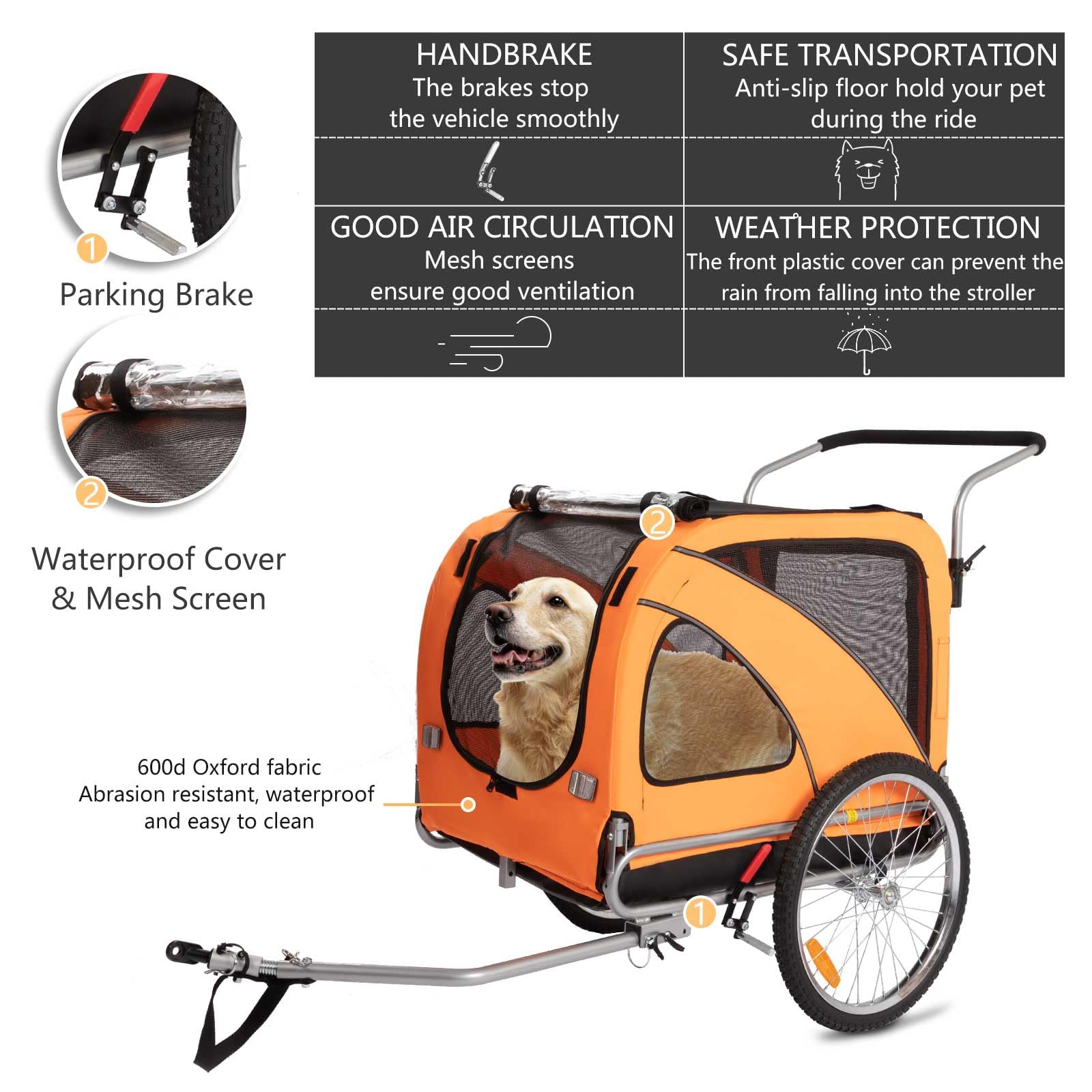 Sepnine 2-in-1 Large Dog Bike Trailer & Pet Stroller - Foldable Frame with Hand Lock Brakes, Universal Bicycle Coupler (Orange) - Perfect for Cycling Adventures & Outdoor Walks with Your Dog
