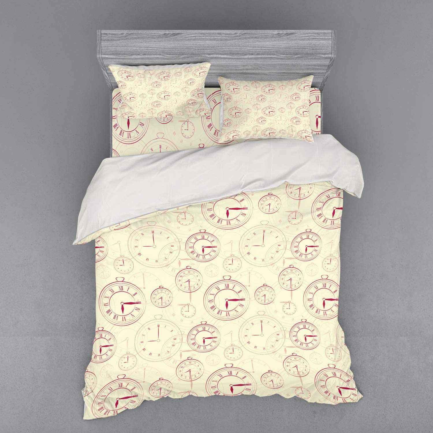Ambesonne Vintage Watches Roman Numerals Clock Bedding Set - 4 Piece Duvet Cover with Shams & Fitted Sheet, Queen Size, Pale Yellow Magenta - Perfect for Antique-Themed Bedrooms & Vintage Decor Lovers