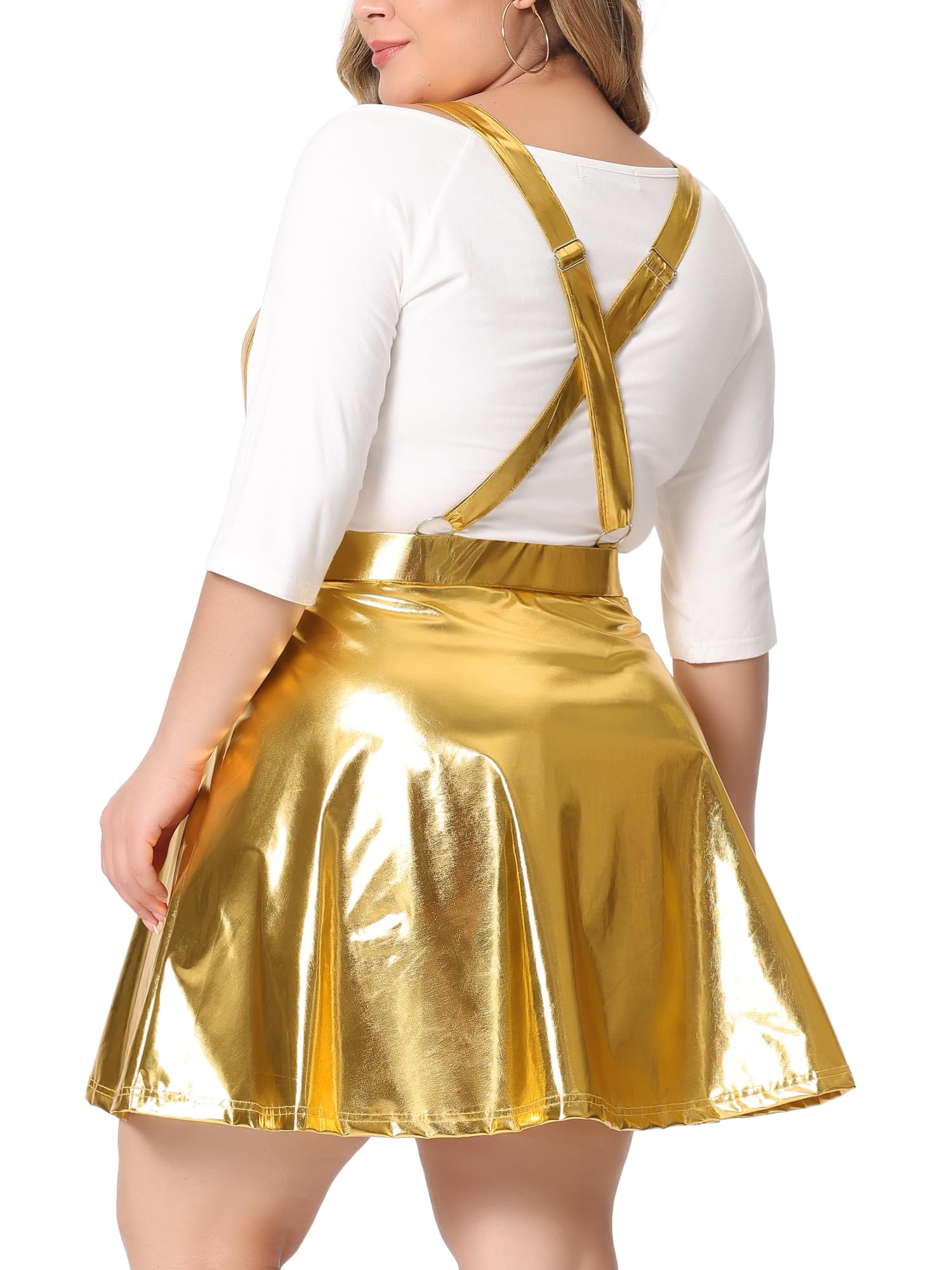 Agnes Orinda Plus Size Shiny Metallic Suspender Skirt for Women - High Waisted Holographic Rave Skirt - Perfect for Club Parties, Festivals & Night Out
