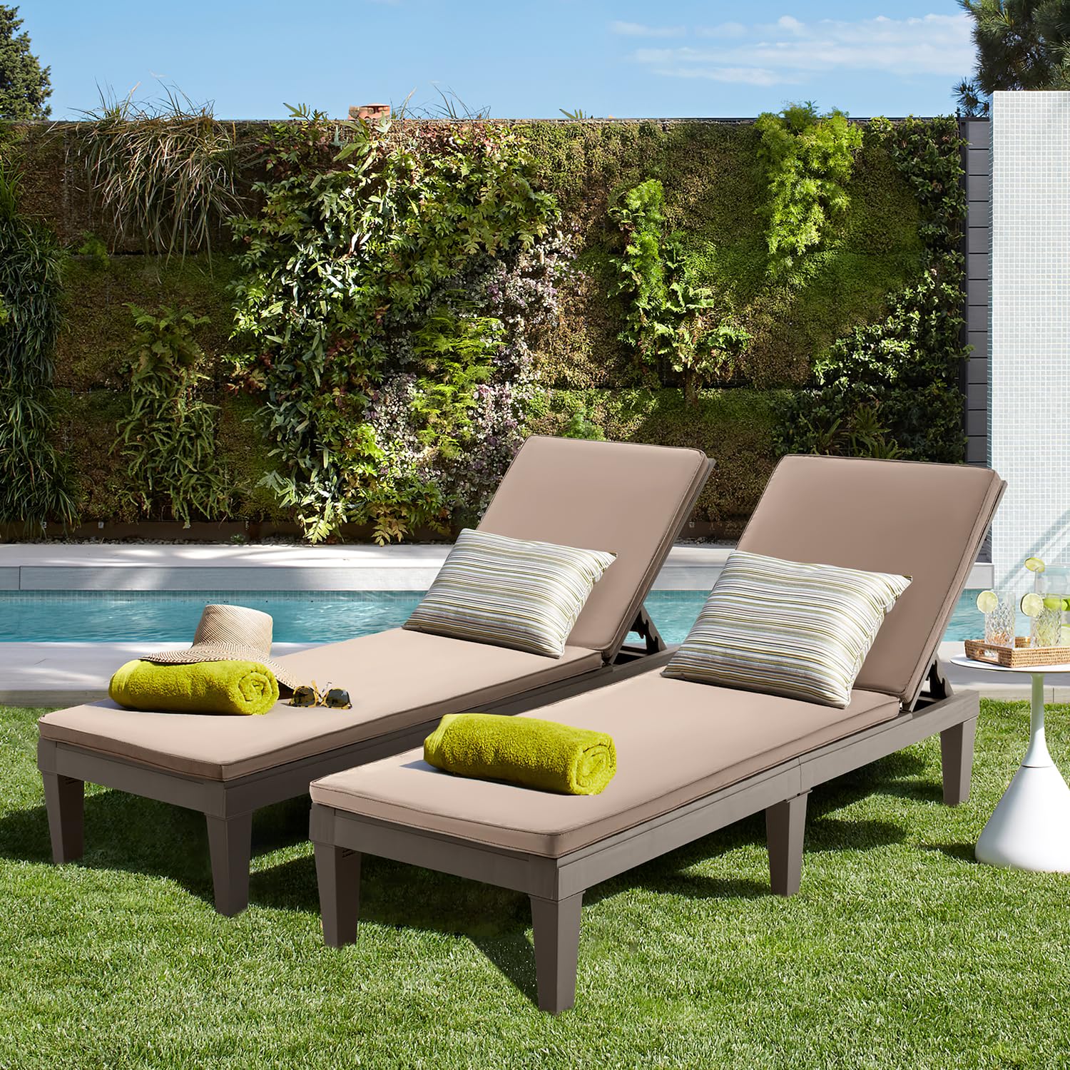 MELLCOM Outdoor Chaise Lounge Chairs Set of 2 - All-Weather Patio Loungers with 5-Position Adjustable Backrest, Removable Cushions & Wood Texture Design - Reclining Beach Chairs for Poolside, Garden, Backyard & Patio Relaxation