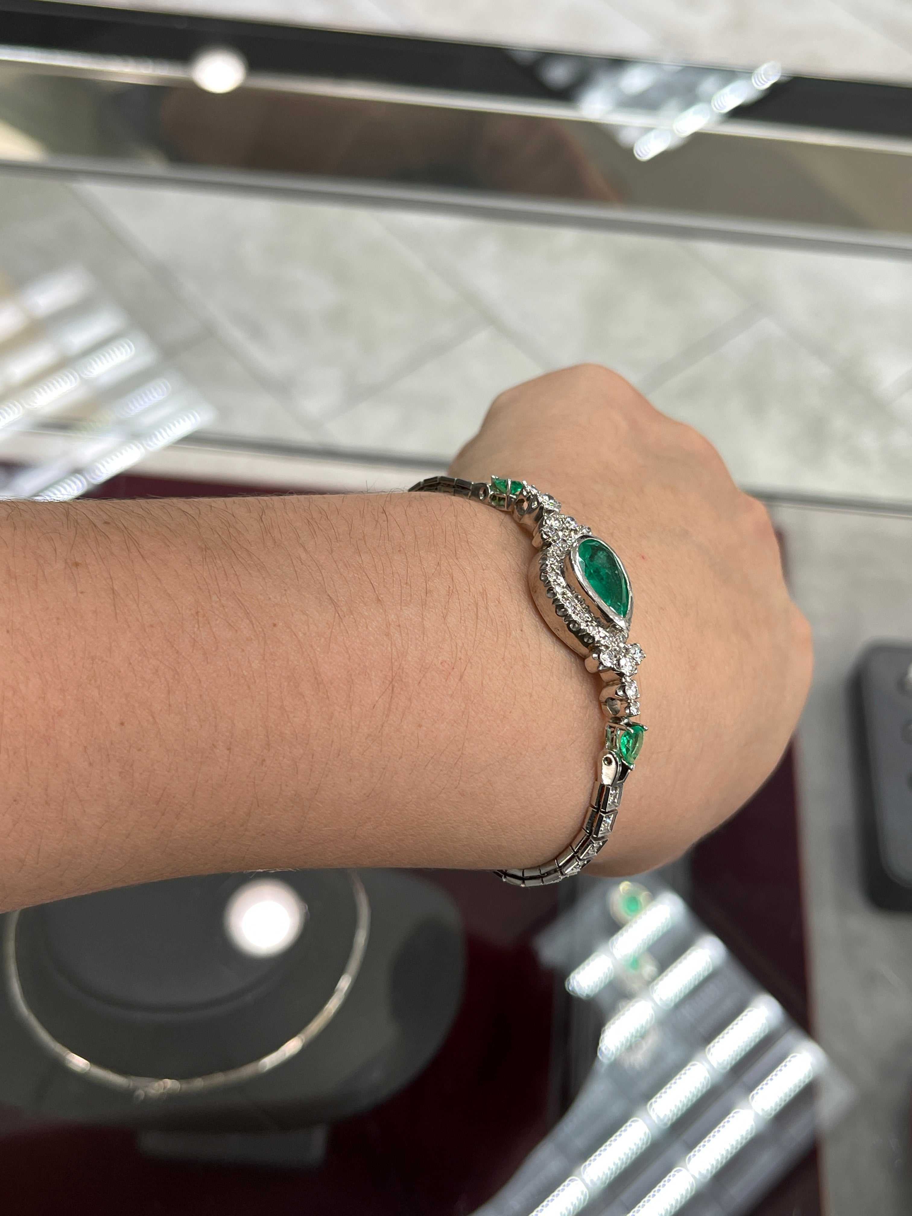 7.27tcw Vintage Pear Cut Colombian Emerald & Diamond Tennis Bracelet in 14K White Gold - Elegant Jewelry for Weddings, Anniversaries & Special Occasions