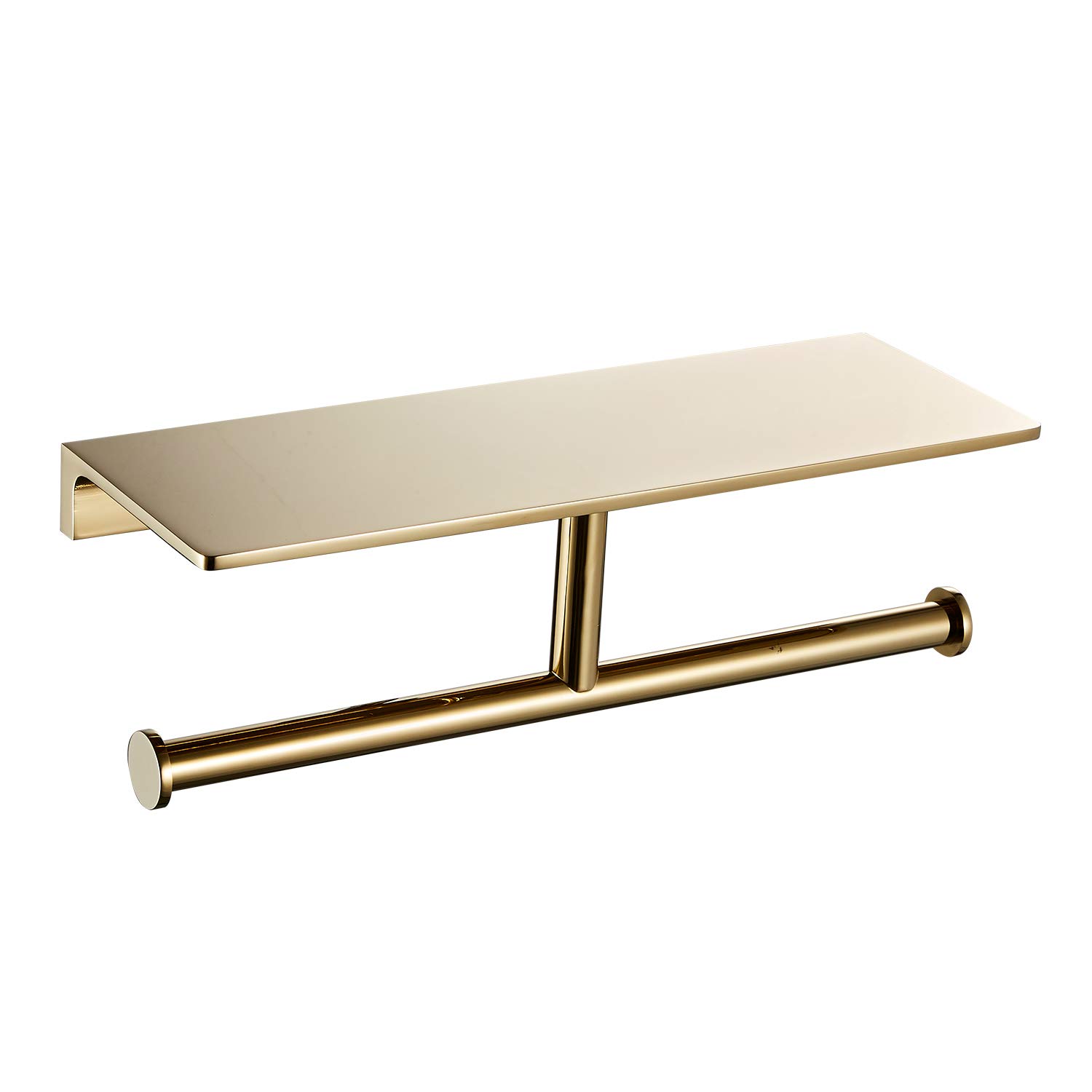 Double Roll Toilet Paper Holder with Shelf - Solid Brass Hotel Style Tissue Dispenser with Storage - Polished Gold Finish for Bathroom & Luxury Restrooms