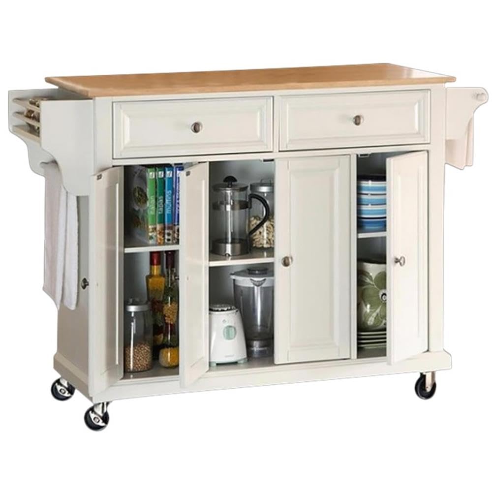 Crosley White Wood Top Rolling Kitchen Island Cart with Storage - Microwave Stand & Spice Rack - Perfect for Small Kitchens, Pantry Organization & Extra Counter Space