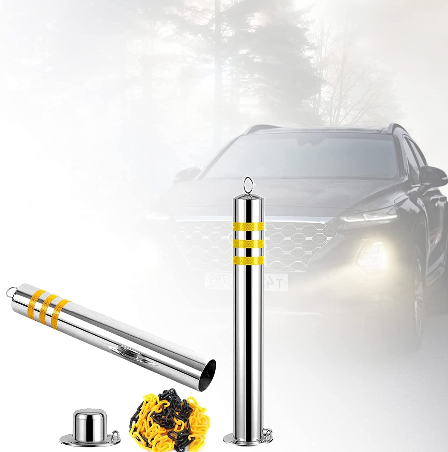 Stainless Steel Parking Posts with Chain - 2PCS Driveway Barrier for Home & Garage Security