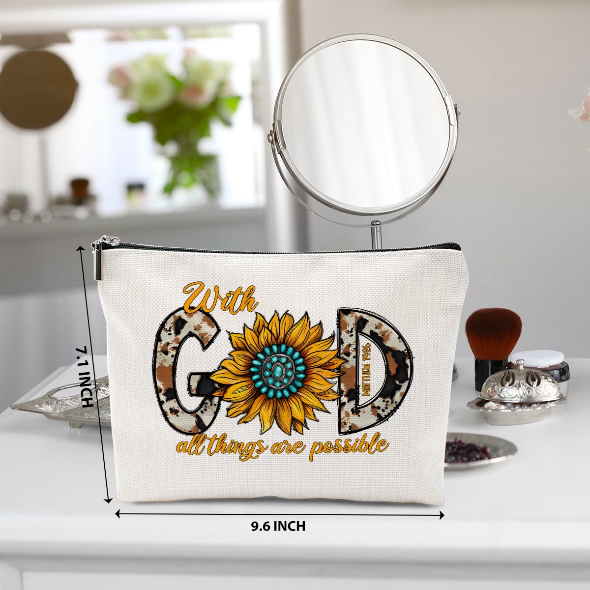 Western Makeup Bag - Sunflower Cosmetic Bag & Cow Print Toiletry Bag | Country Style Religious Gifts for Women, Christian Gifts for Mom, Farm Girl Birthday & Mother's Day Presents | Perfect for Travel, Church, and Country-Themed Events