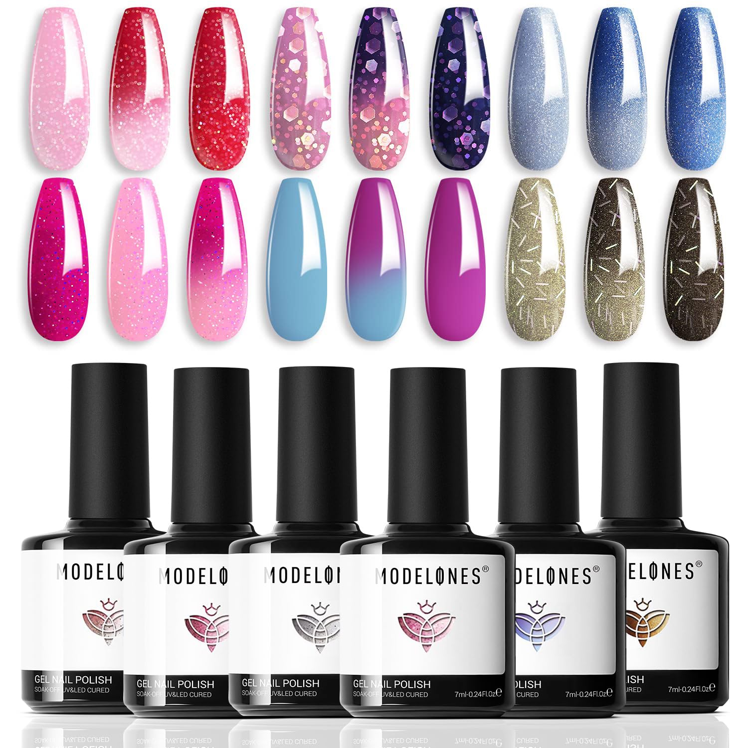 MODELONES Mood Gel Nail Polish Set - 6 Color Changing Temperature Sensitive Gel Polish Kit with Red, Blue & Glitter Shades | Soak Off UV/LED Gel for DIY Home Manicure | Perfect for Christmas Gifts, New Year Holidays & Salon Use