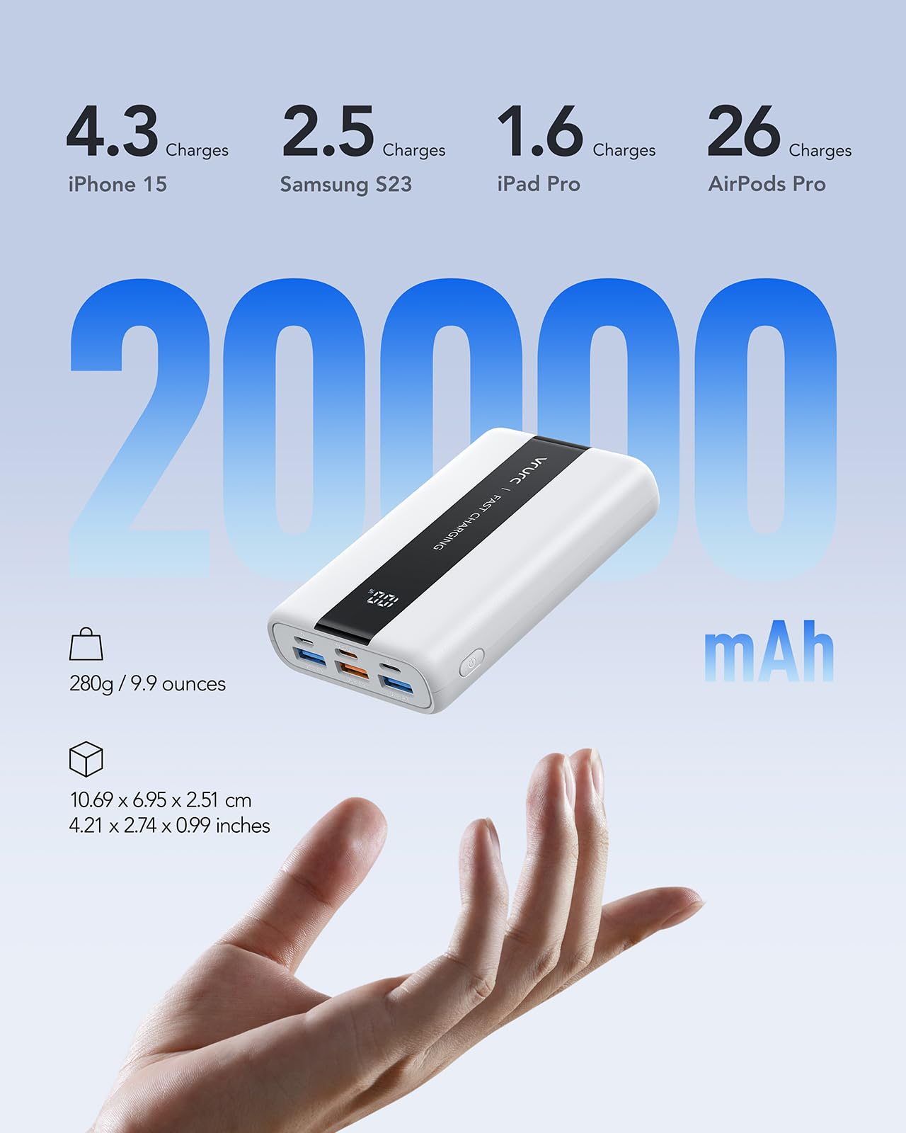 VRURC 20000mAh Mini Power Bank with 22.5W Fast Charging | PD QC 3.0 USB C Portable Charger | Ultra Compact External Battery Pack for iPhone 15/14/13, Samsung Galaxy S23/S22, iPad | Perfect for Travel, Camping & Emergency Charging