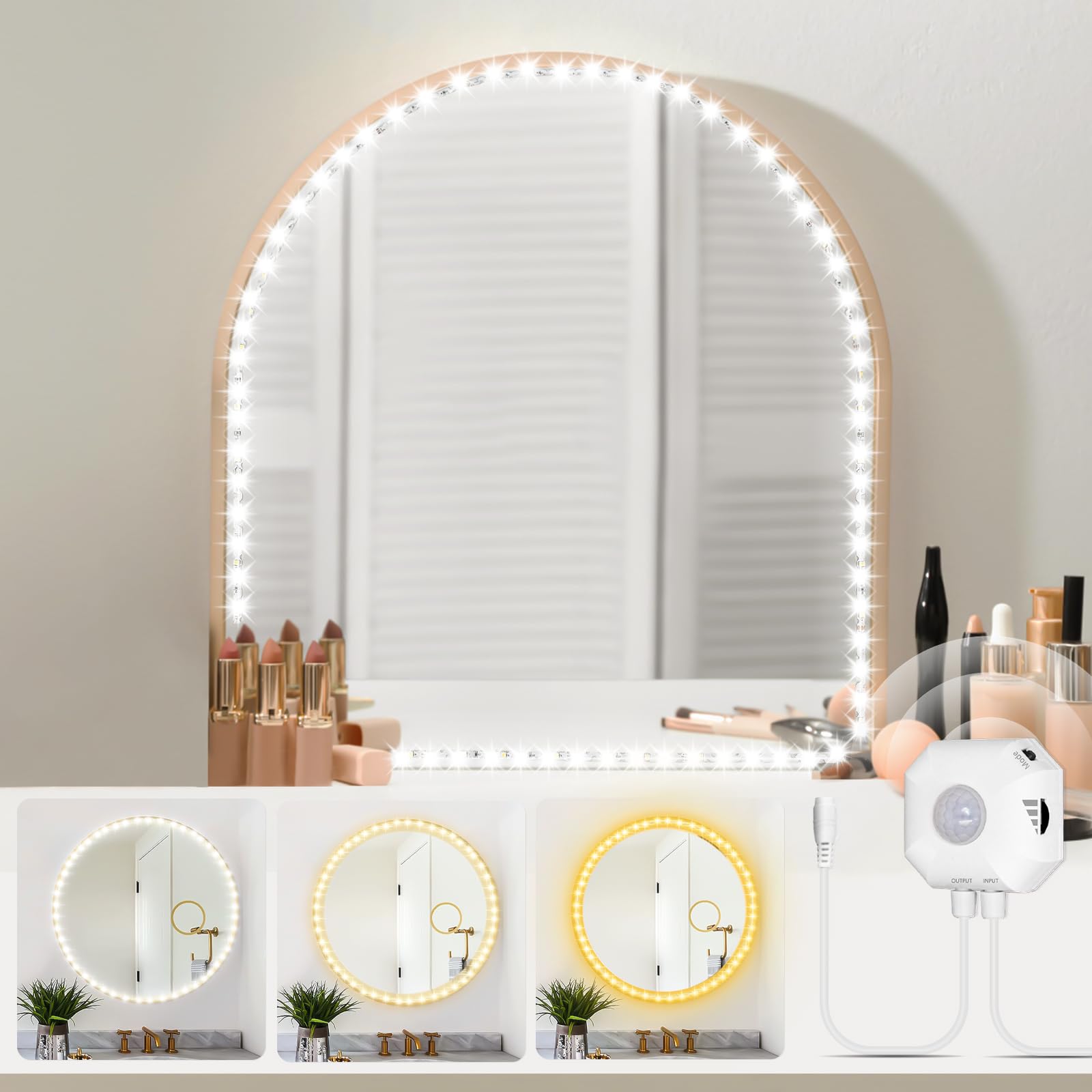13ft LED Vanity Mirror Lights with Motion Sensor - Adjustable Brightness & 3 Color Modes, Stick-On Makeup Mirror Lighting for Vanity Desk & Dressing Room (Mirror Not Included) - Perfect for Home Makeup, Salon & Beauty Studio Lighting