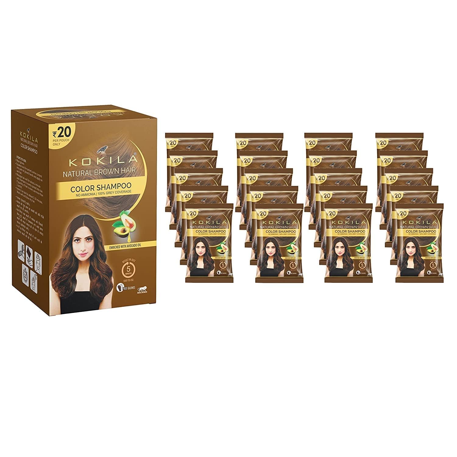 Kokila Unisex Instant Hair Color Shampoo with Almond Oil - 5 Minute Long-Lasting Brown Hair Dye (Pack of 10, 15ML Each) | Perfect for Quick Touch-Ups, Gray Coverage & At-Home Hair Coloring