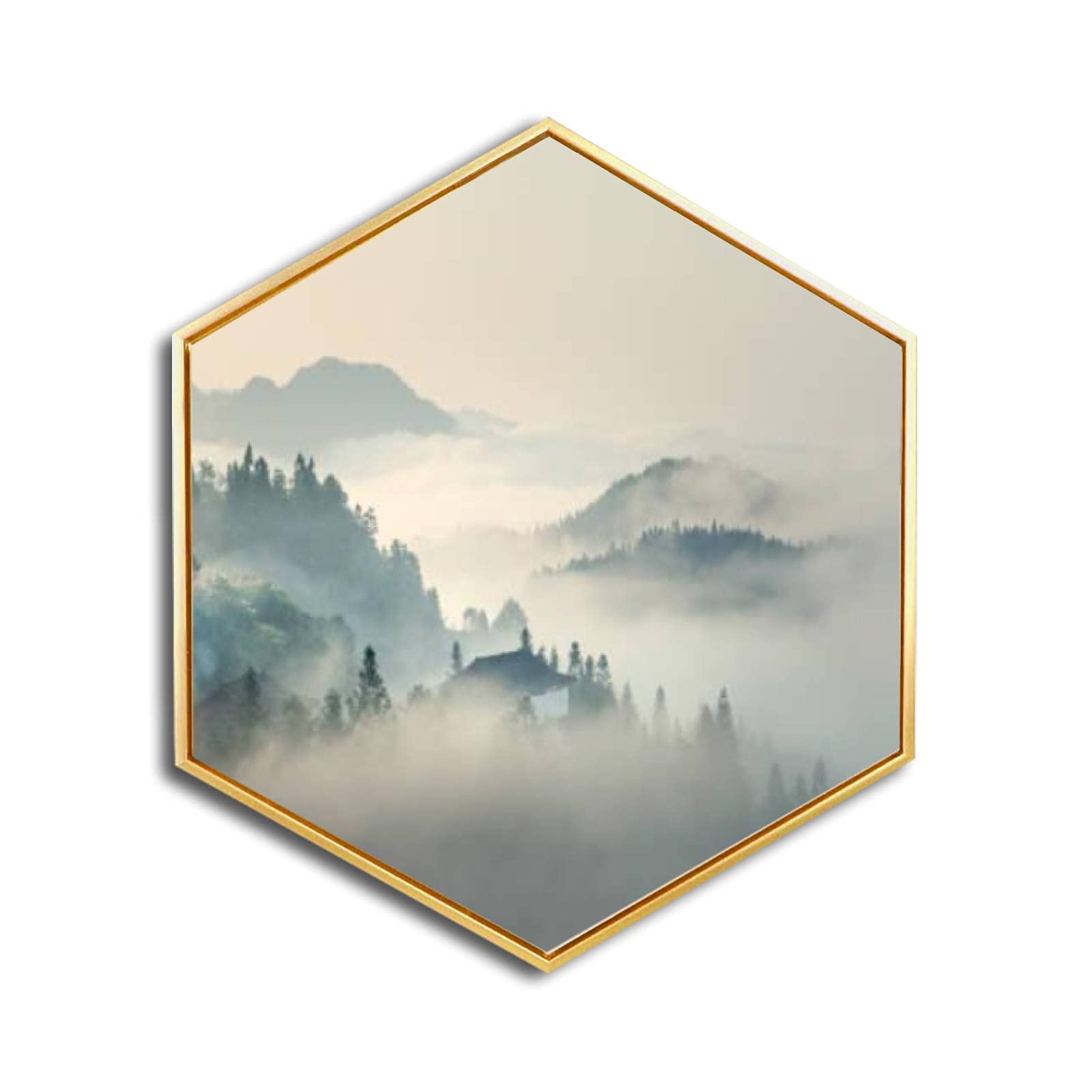Golden Framed Canvas Wall Art - Morning Mist Giclee Prints, Minimalist Modern Hexagon Wall Decor for Home & Office - Ready to Hang | Perfect for Living Room, Bedroom & Workspace Decor