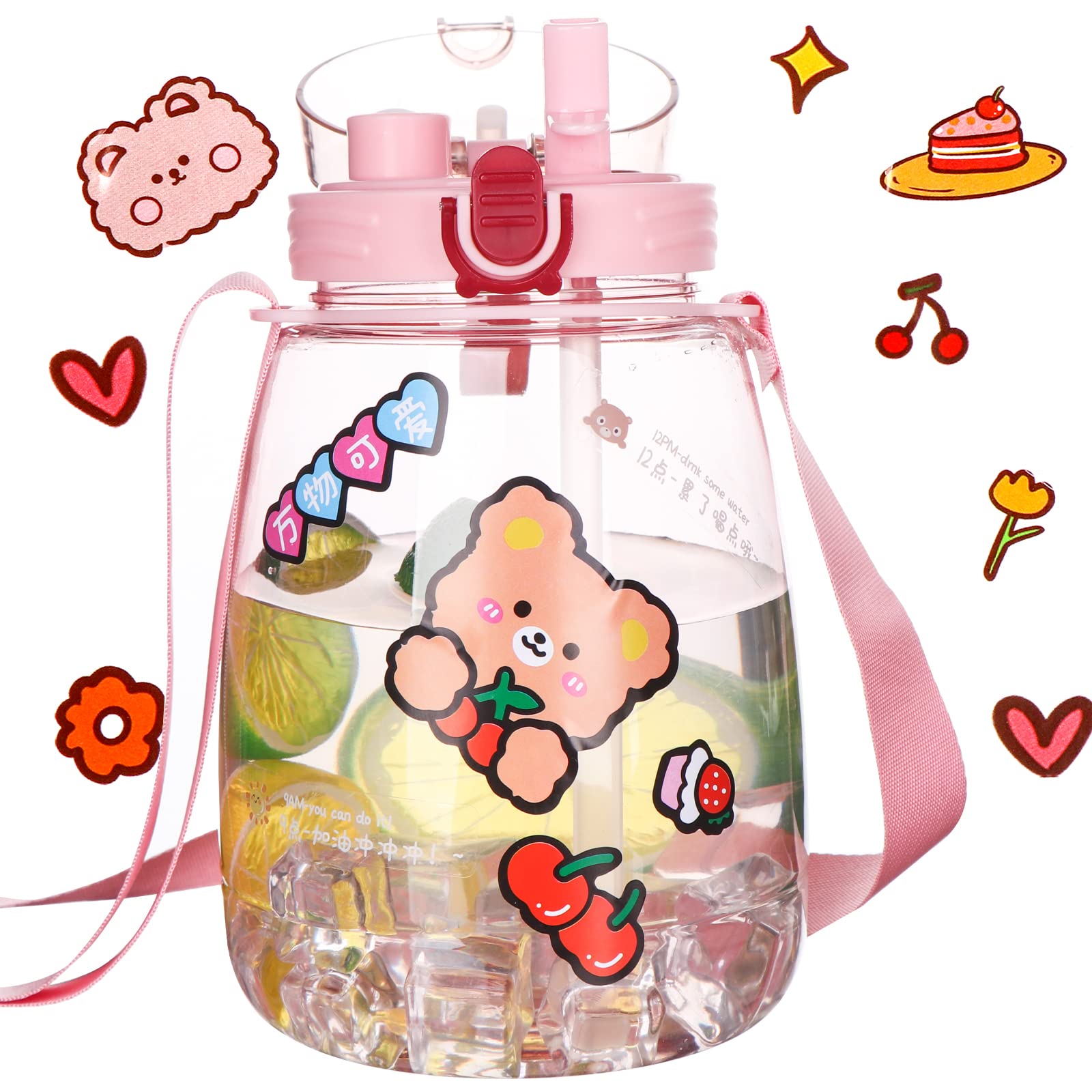 44oz Cute Water Bottle with Straw & Adjustable Strap - Leakproof Kawaii Pot Belly Bottle for Kids & Adults - BPA Free Transparent Juice Jug for School, Gym, Hiking & Outdoor Activities