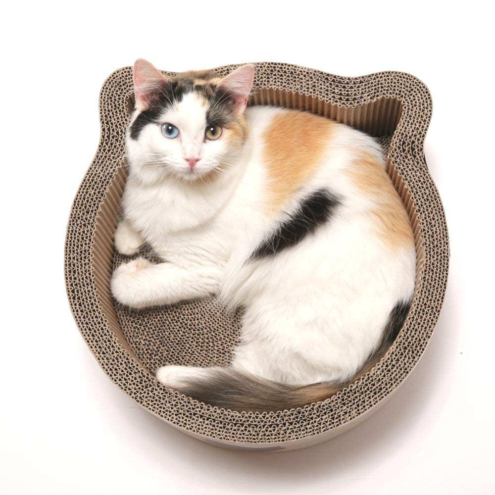 Necoichi Cat-Headed Scratcher Bed (Birch, Regular) - Reversible Cardboard Cat Scratching Board & Lounge Pad for Indoor Cats | Durable & Comfortable Cat Scratcher with Bowl Design - Perfect for Playtime, Napping & Stress Relief