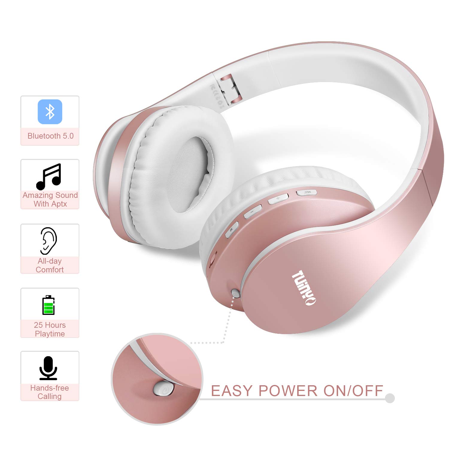 TUINYO Wireless Over-Ear Headphones with Microphone, Bluetooth 5.0, Foldable Design, Hi-Fi Stereo Sound, 30H Playtime - Rose Gold for Work, Travel & Gaming